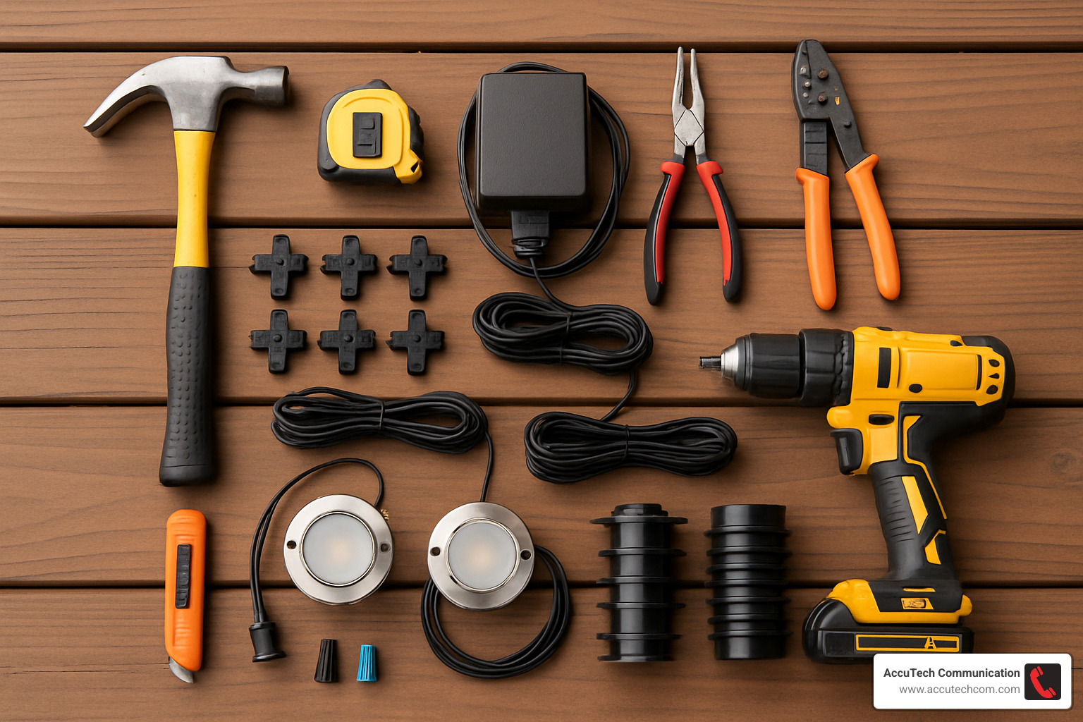 tools and lighting components laid out on a deck before installation - how to install low voltage deck lighting