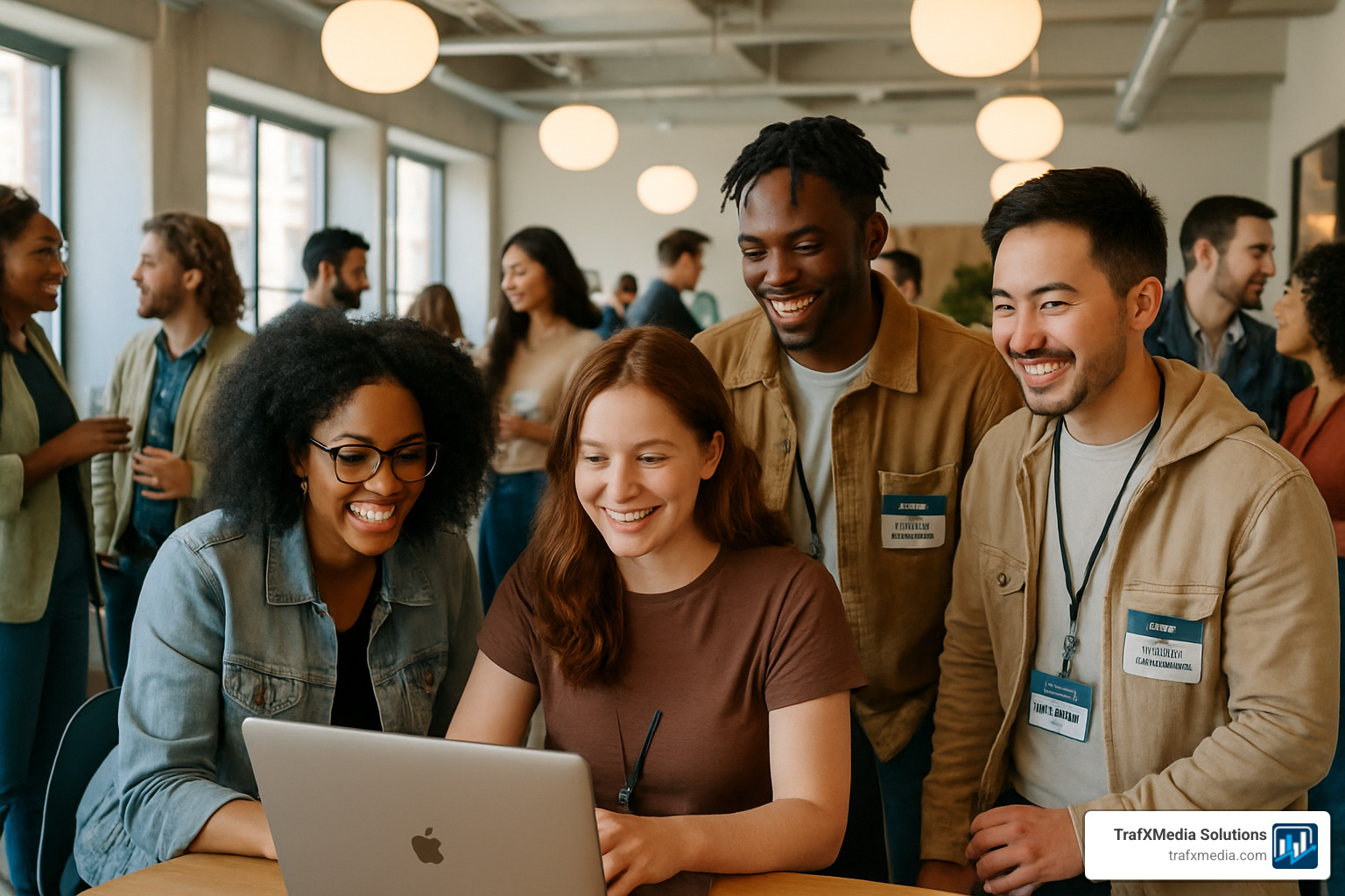 Professional networking event where a diverse group of creators are mingling, sharing ideas, and looking at a laptop screen together in a casual, well-lit space - San Francisco content creation
