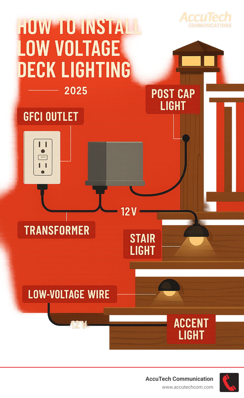 Infographic showing the basic components of a low-voltage deck lighting system including a GFCI outlet connected to a transformer, which connects to low-voltage wire running to various deck light fixtures like post caps, stair lights, and accent lights, with voltage ratings and wire gauge specifications - how to install low voltage deck lighting infographic 