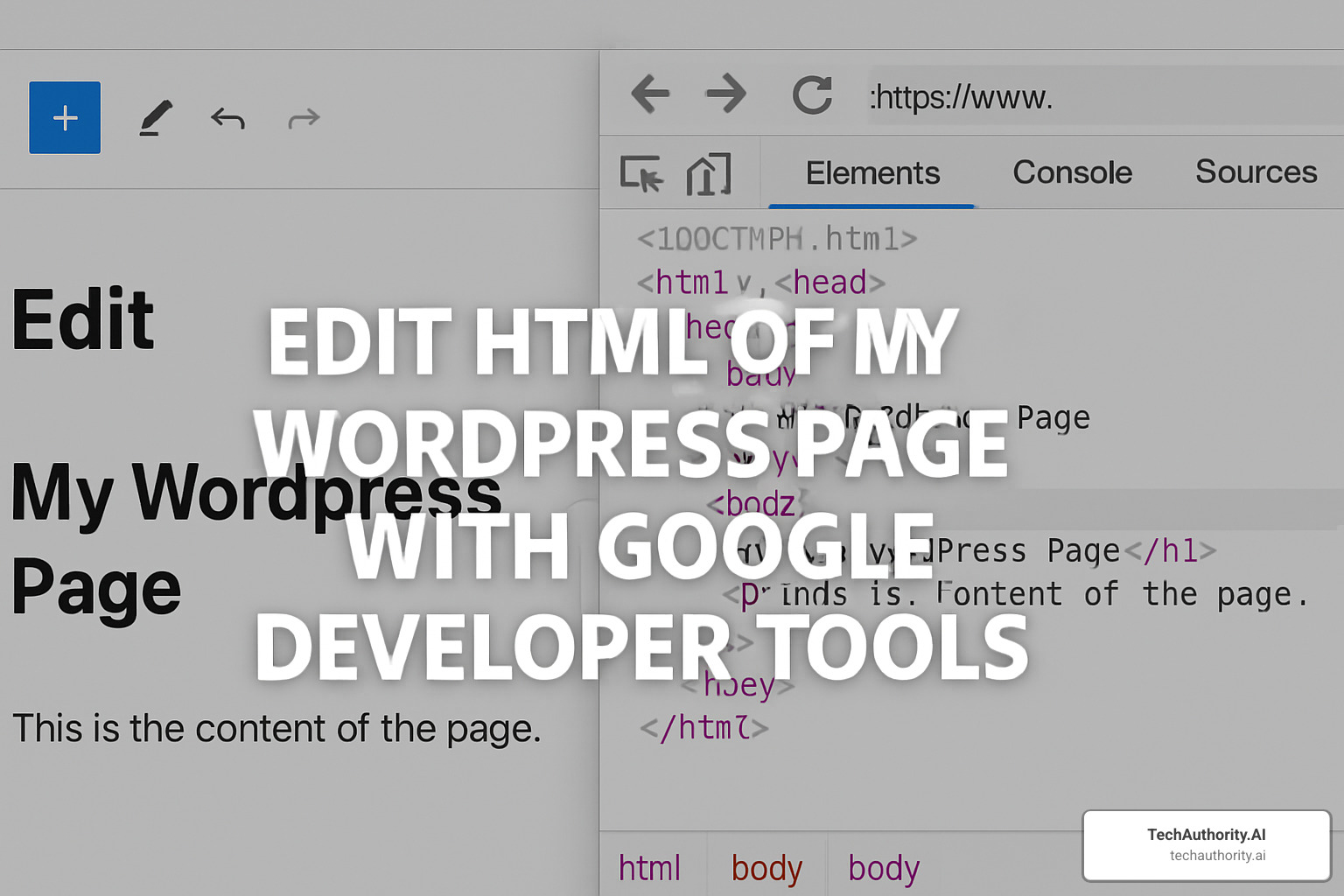 DevTools 'Elements' panel showing HTML structure on the left and CSS properties on the right, with a WordPress page element highlighted - edit html of my wordpress page with google developer tools