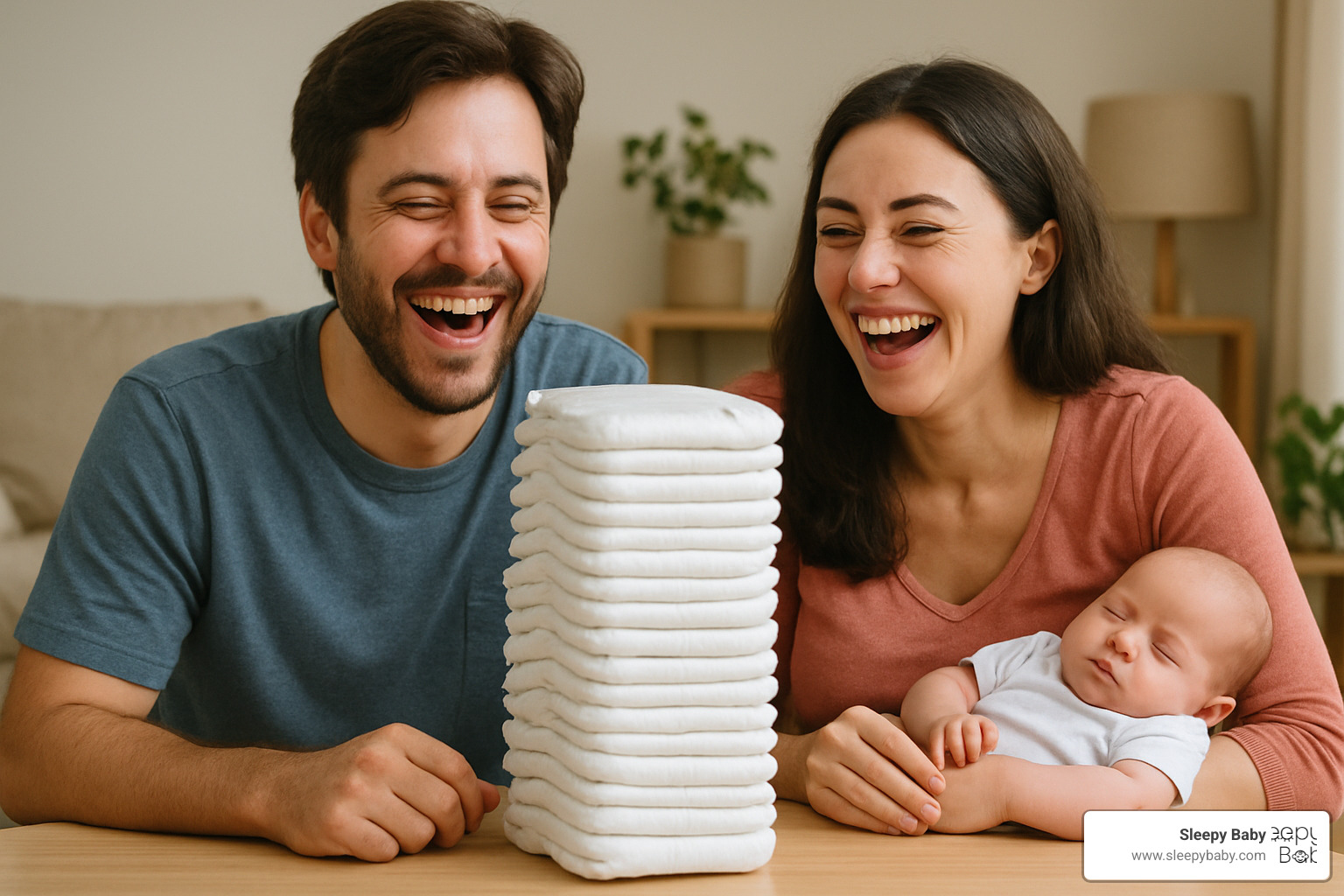 New parents laughing while looking at a pile of diapers - baby registry gift message