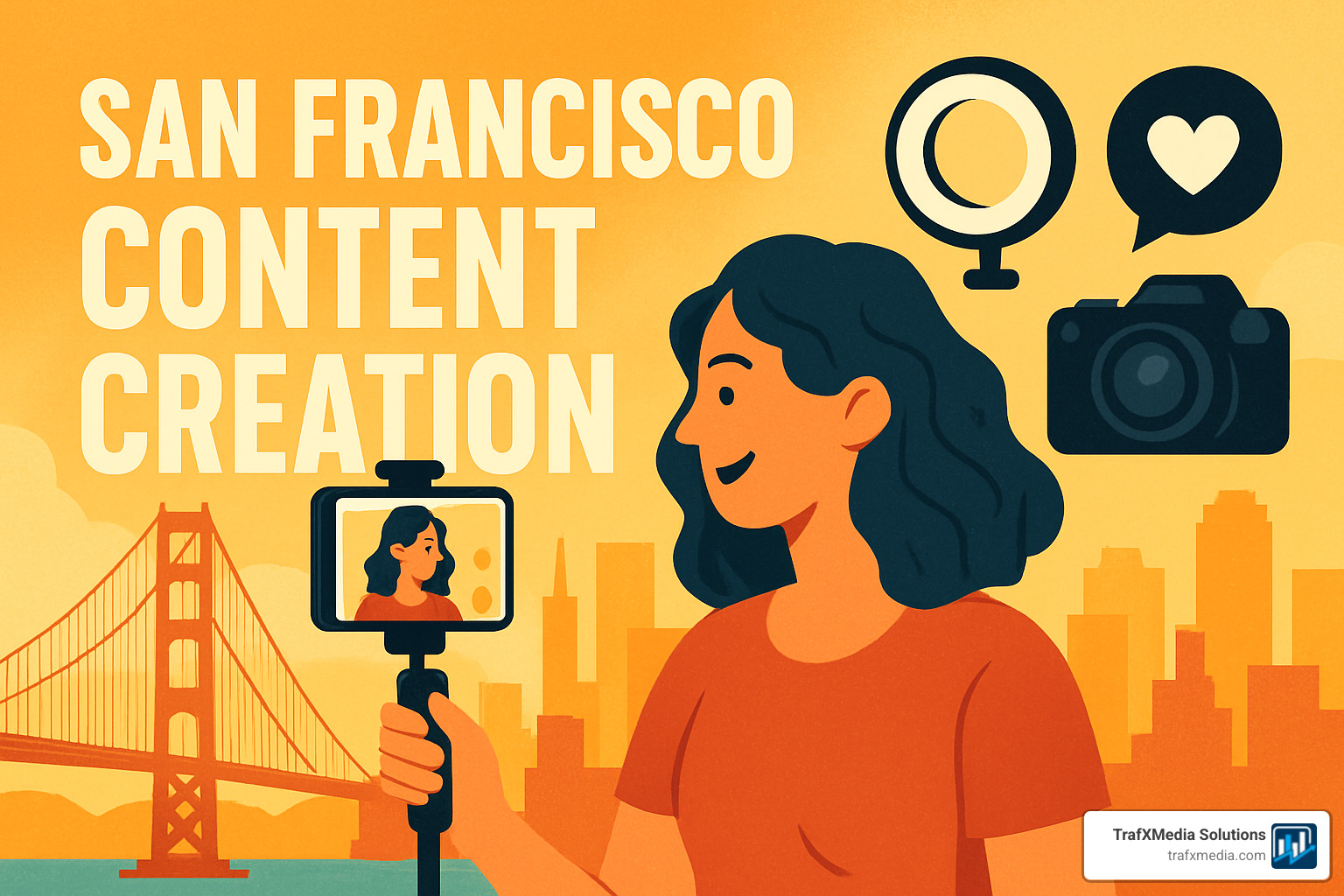 Data analytics dashboard on a screen showing audience engagement metrics with stylized San Francisco landmarks in the background - San Francisco content creation