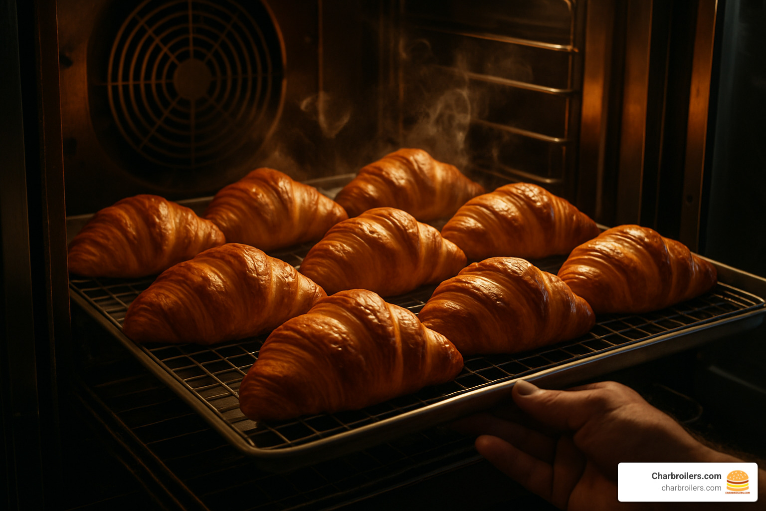 perfectly browned pastries on a rack coming out of an oven - commercial convection ovens