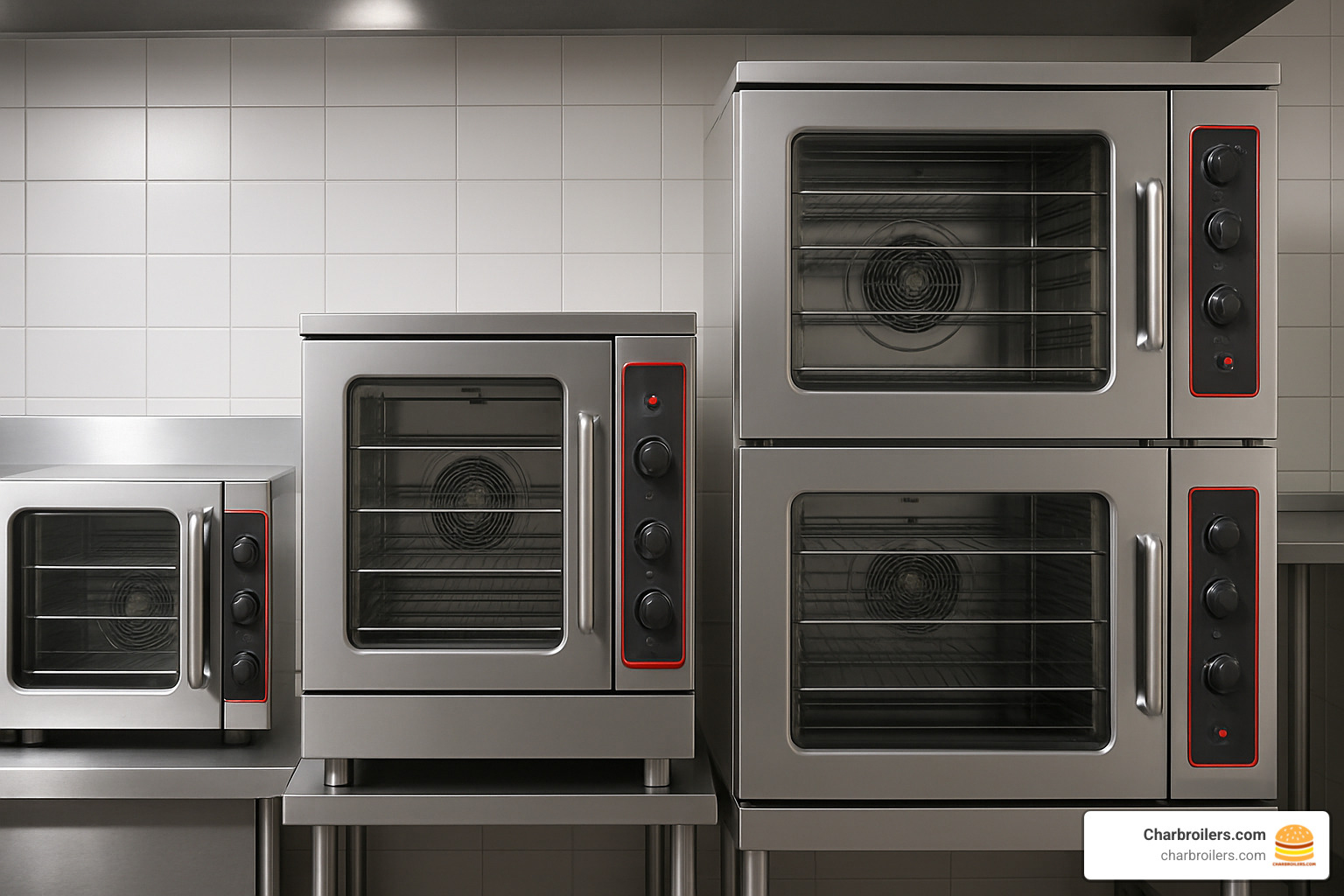 countertop, single deck, and double deck oven side-by-side for scale - commercial convection ovens