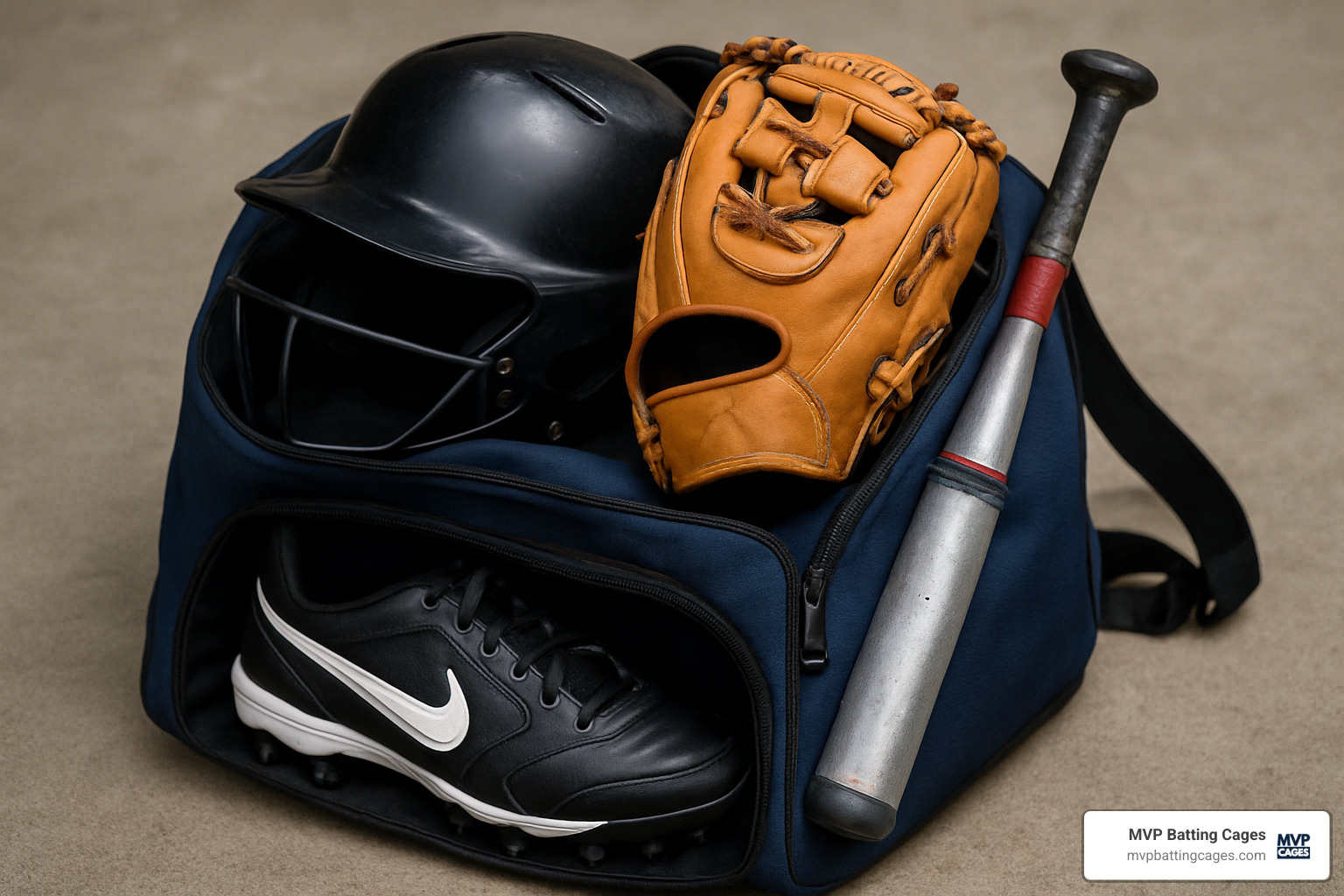 young player's baseball bag packed with a helmet, glove, bat, and cleats - baseball youth camps near me