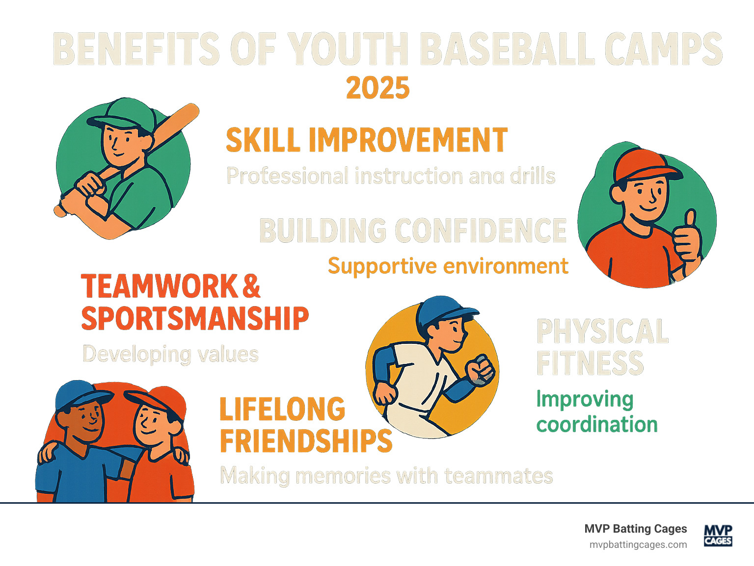 Infographic showing the key benefits of youth baseball camps including skill improvement through professional instruction and drills, building confidence in a supportive environment, developing teamwork and sportsmanship values, improving physical fitness and coordination, and making lifelong friendships with teammates - baseball youth camps near me infographic 