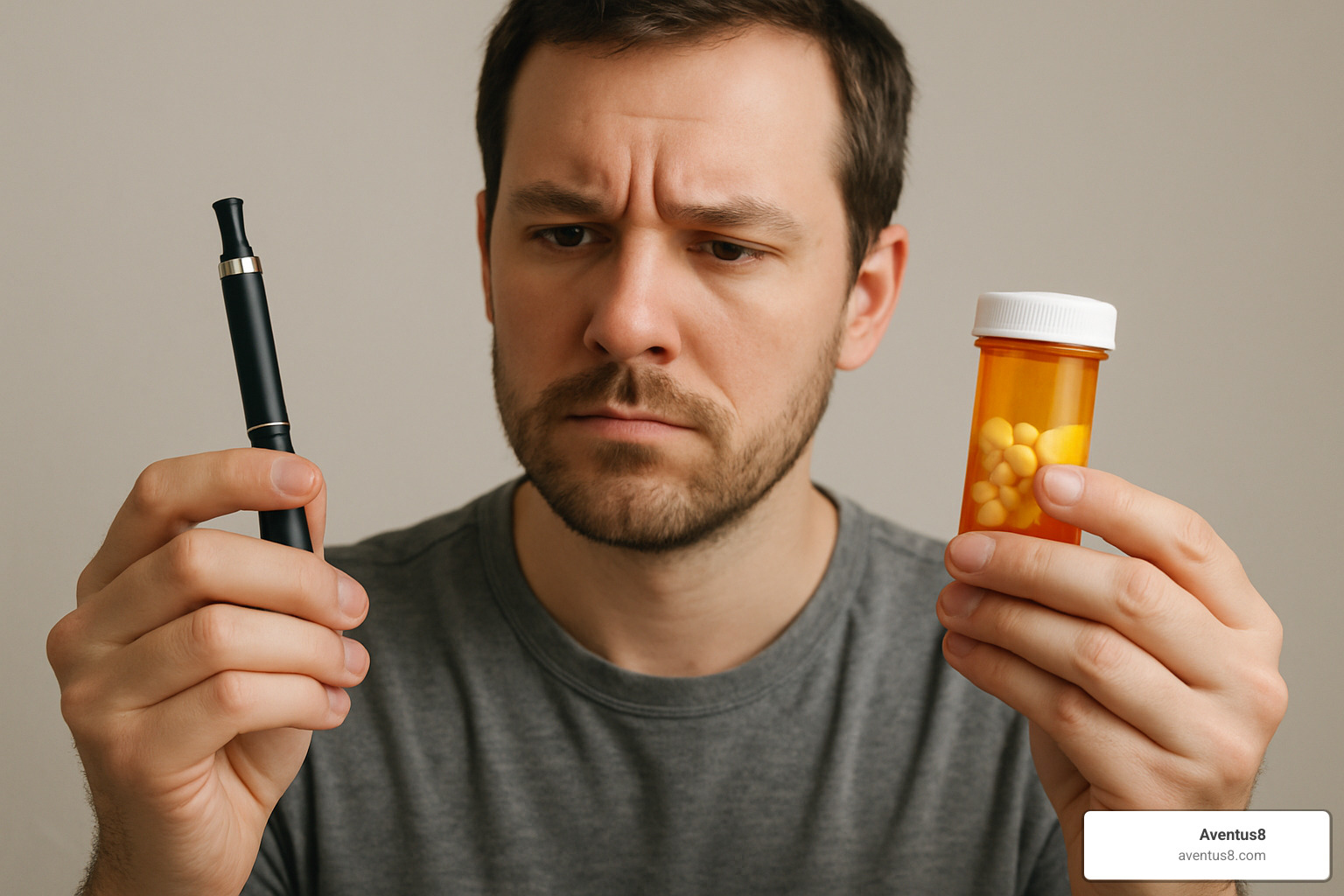 Person thoughtfully comparing a vape pen and traditional pain medication - THC vape for pain