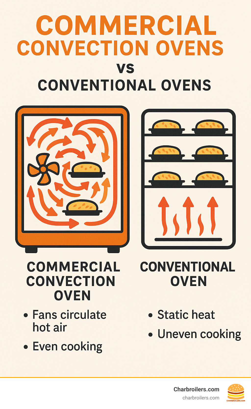 Infographic showing the internal airflow patterns of a commercial convection oven with fans circulating hot air around food items on multiple racks, compared to a conventional oven with static heat rising from bottom heating elements - commercial convection ovens infographic 