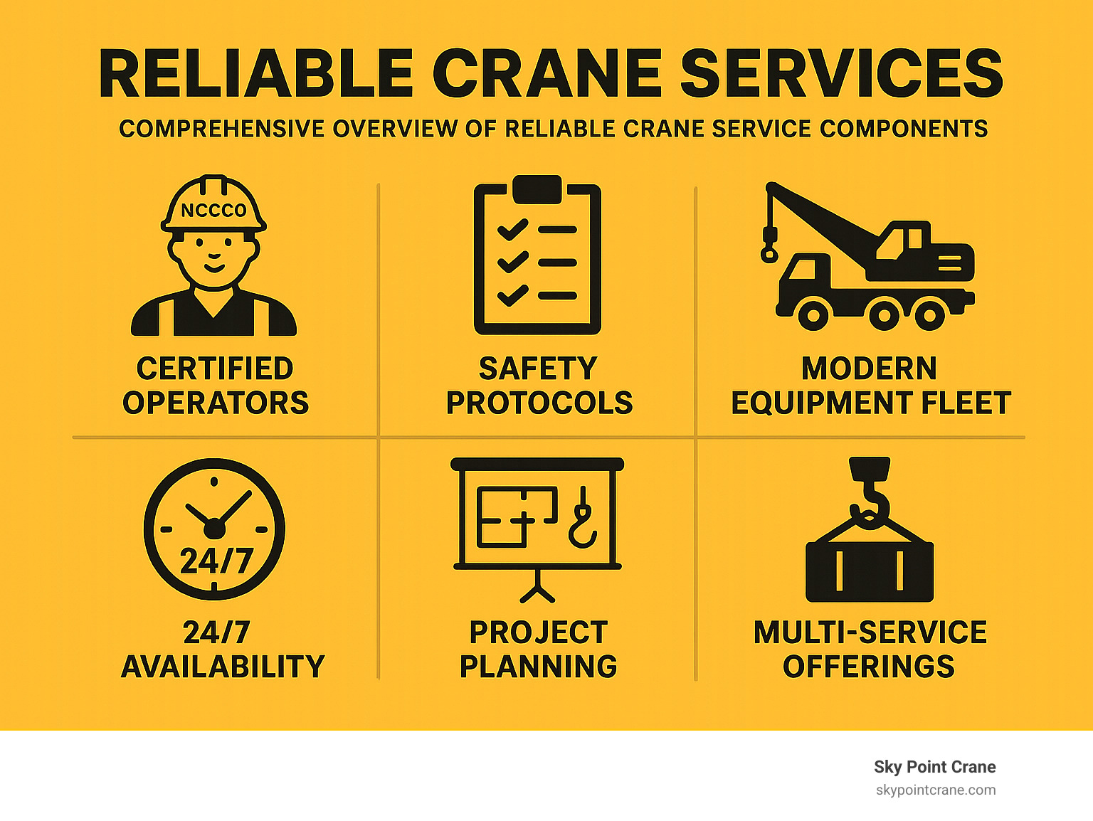 Comprehensive overview of reliable crane service components including certified operators, safety protocols, modern equipment fleet, 24/7 availability, project planning capabilities, and multi-service offerings - Reliable crane services infographic 