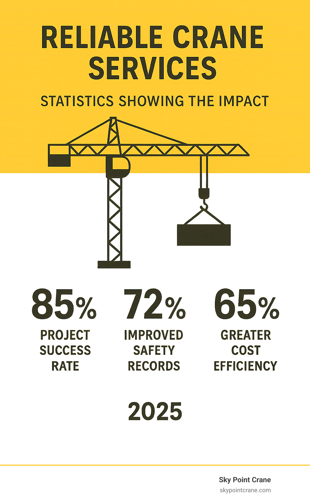Statistics showing the impact of reliable crane services on project success rates, safety records, and cost efficiency - Reliable crane services infographic 
