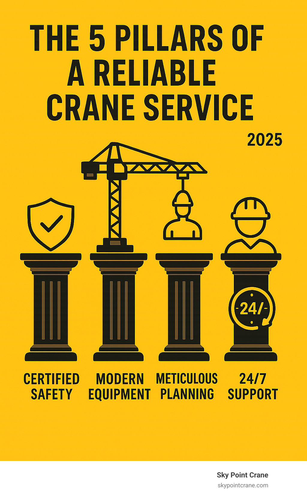 The 5 pillars of a reliable crane service: Certified Safety, Modern Equipment, Expert Personnel, Meticulous Planning, and 24/7 Support - Reliable crane services infographic 