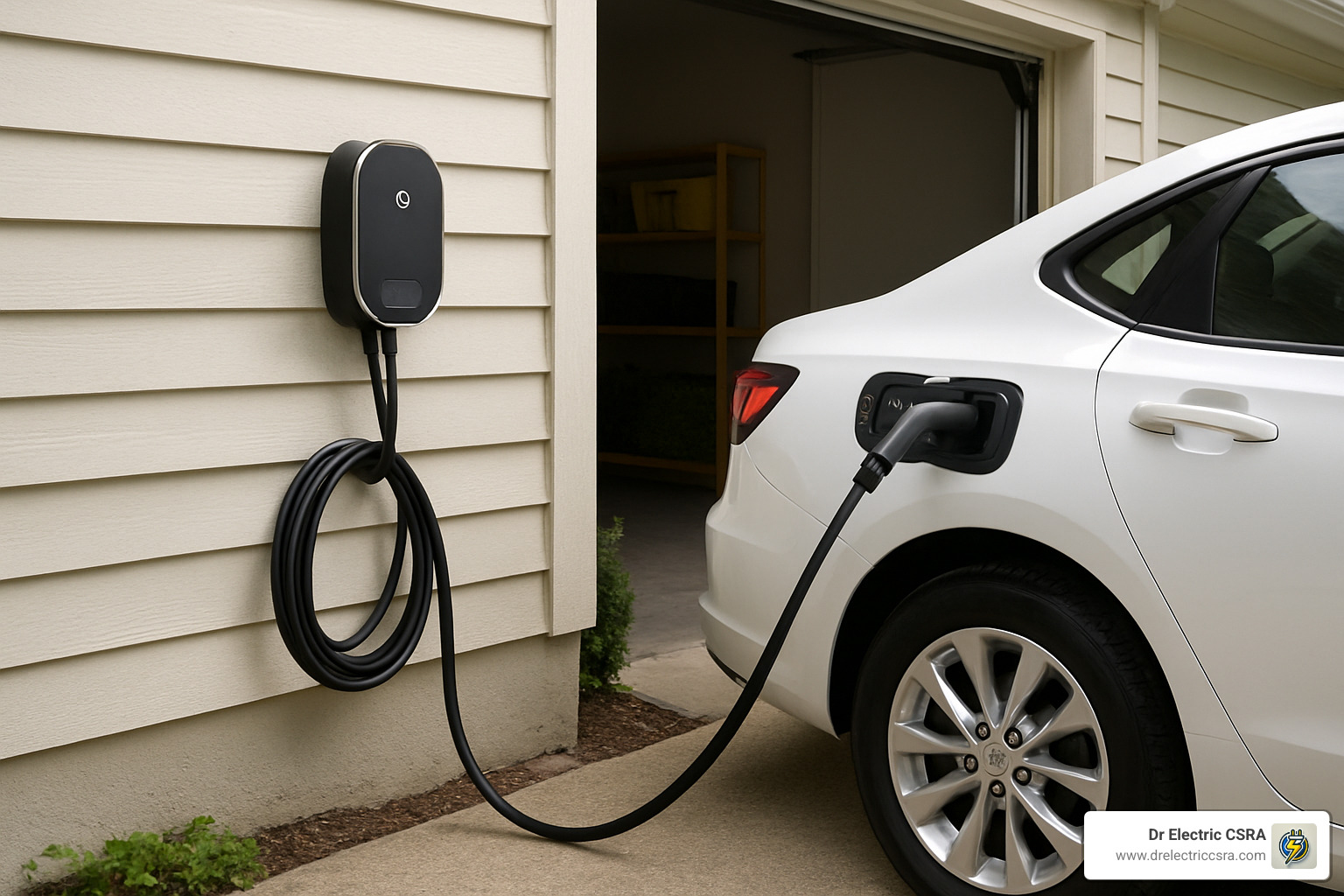 Level 2 wall-mounted EV charger installation next to an electric vehicle - charging station installation