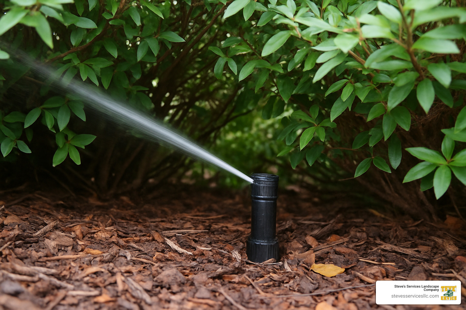 sprinkler head in hard-to-reach garden bed under shrubs - sprinkler head replacement cost