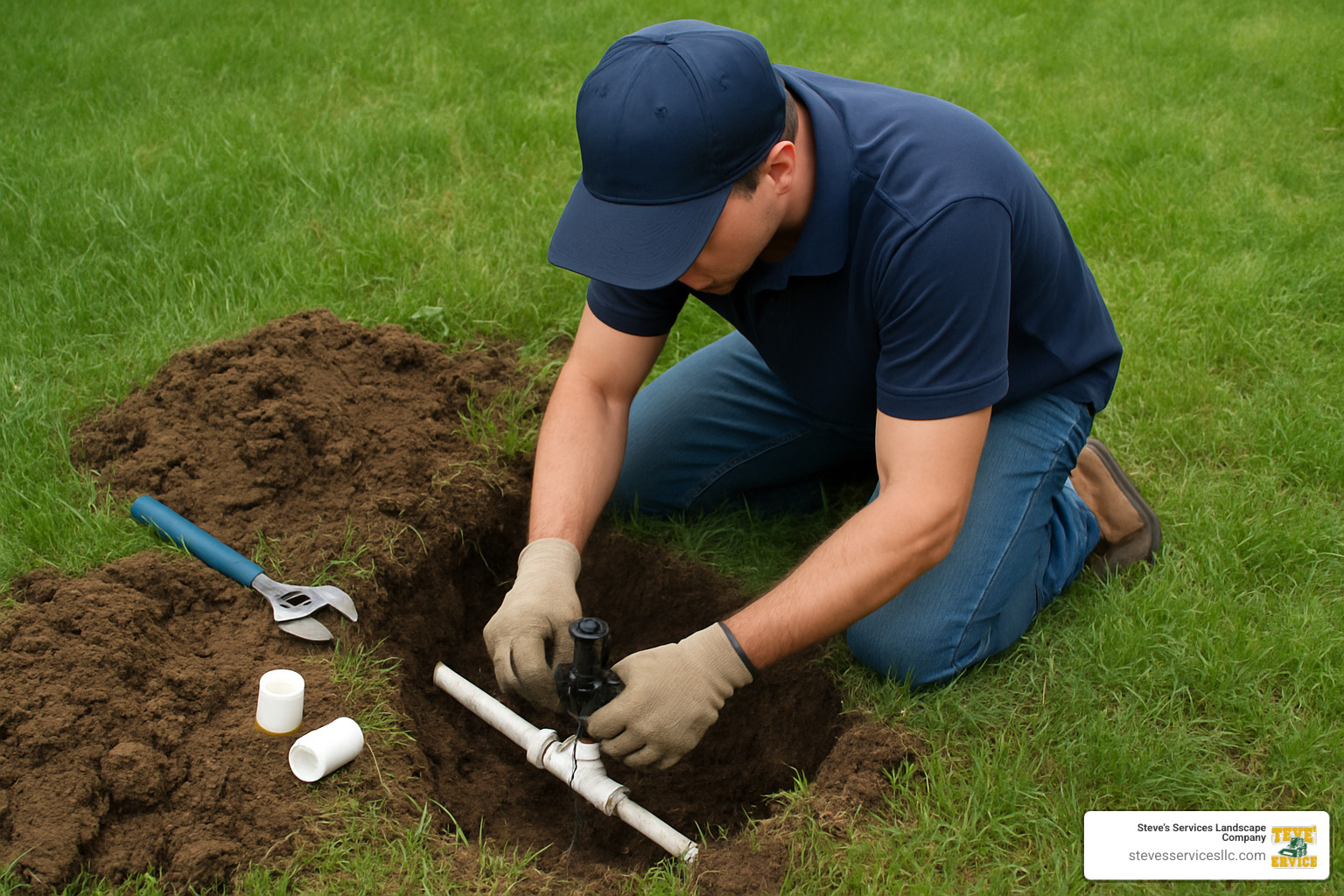 technician repairing underground sprinkler pipe - sprinkler head replacement cost