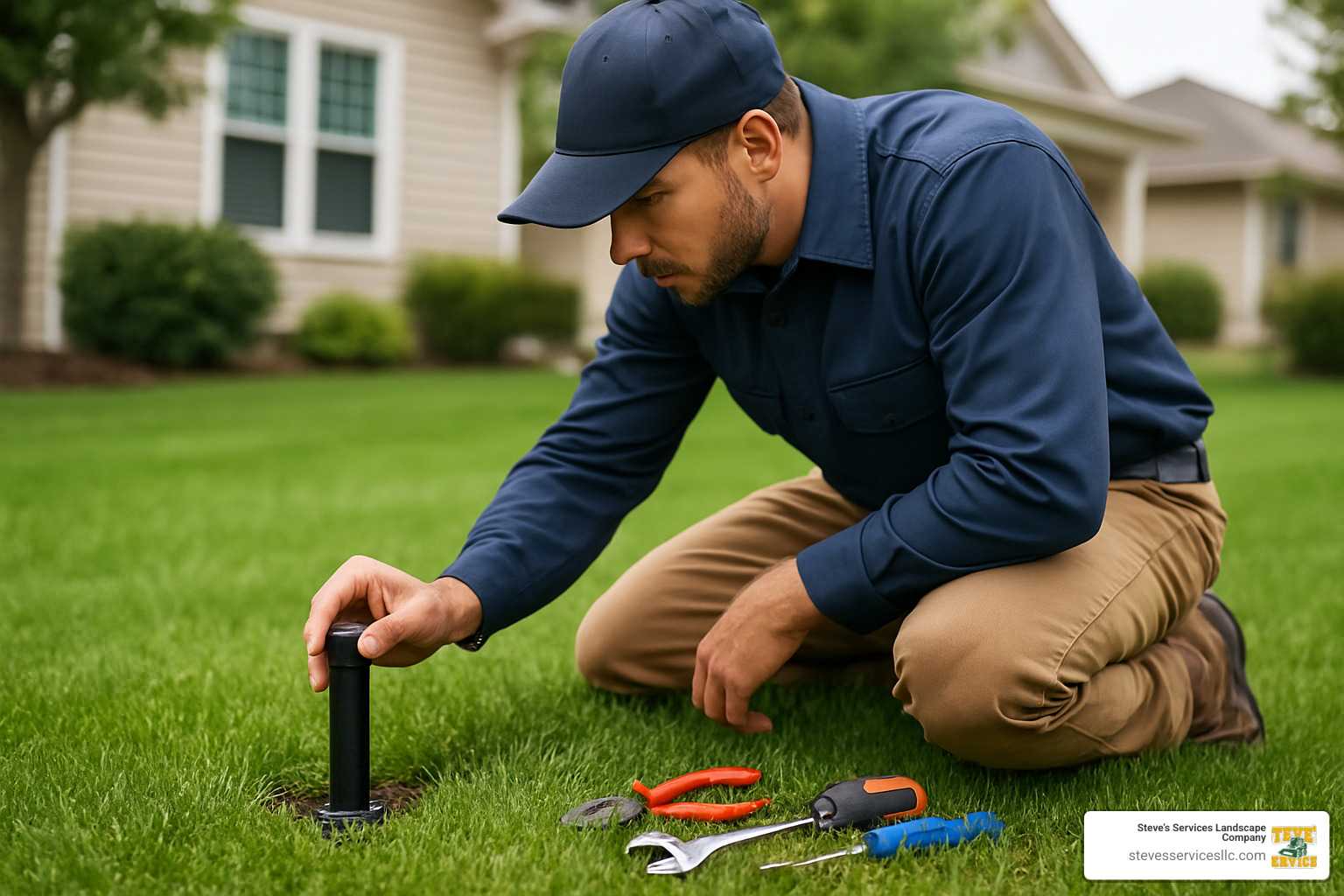professional sprinkler technician examining lawn sprinkler head - sprinkler head replacement cost