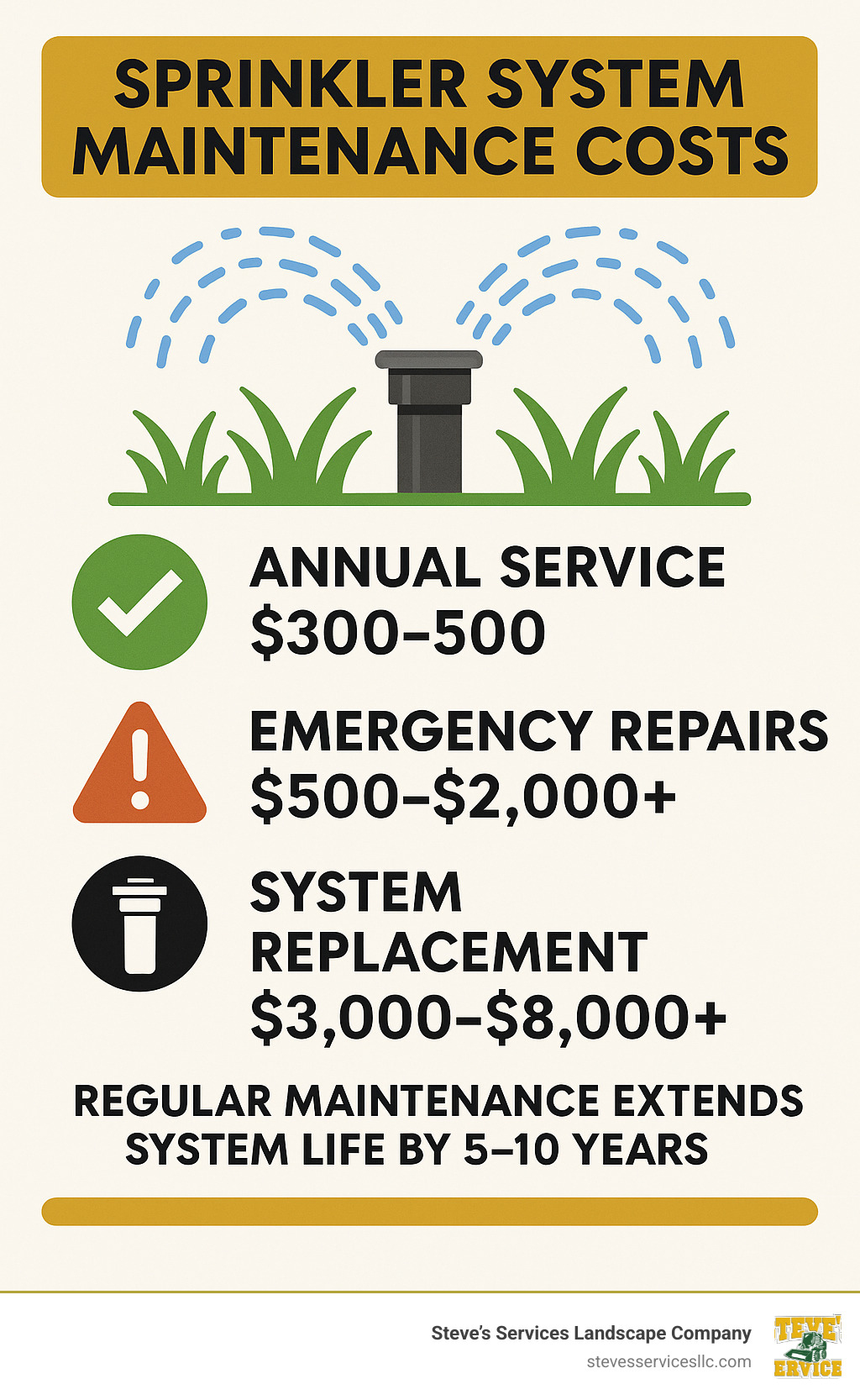 Infographic showing sprinkler system maintenance costs with annual service at $300-500 preventing emergency repairs costing $500-2000+, system replacement at $3000-8000+, and showing that regular maintenance extends system life by 5-10 years - sprinkler head replacement cost infographic 