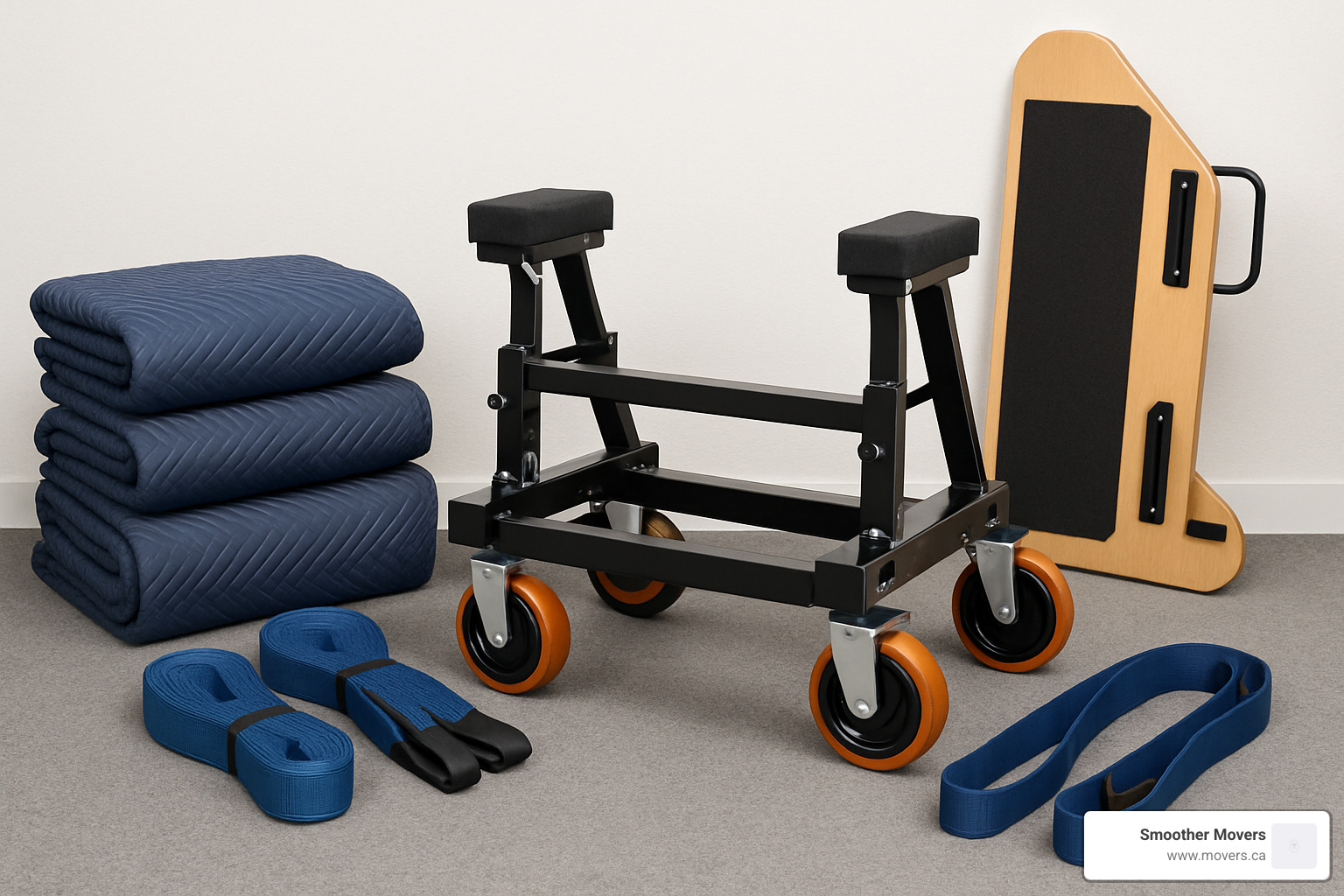 specialized piano moving equipment, including a piano dolly, skid board, straps, and thick moving blankets - professional piano movers vancouver