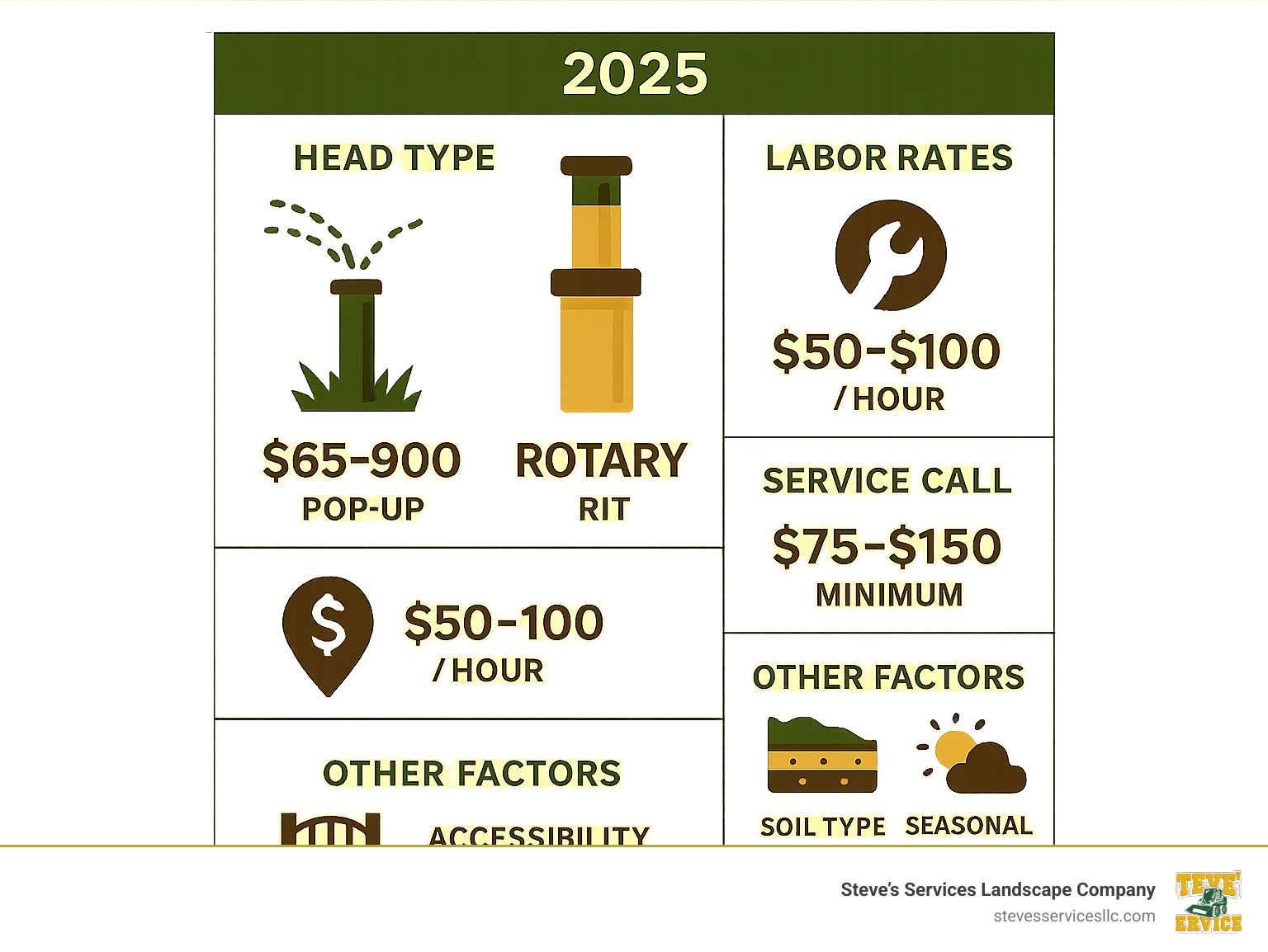 Infographic showing sprinkler head replacement cost factors including head type ranging from $65-90 for standard pop-up heads to $95-125 for rotary heads, labor rates of $50-100 per hour, service call minimums of $75-150, and additional factors like accessibility, soil type, and seasonal demand affecting final pricing - sprinkler head replacement cost infographic 