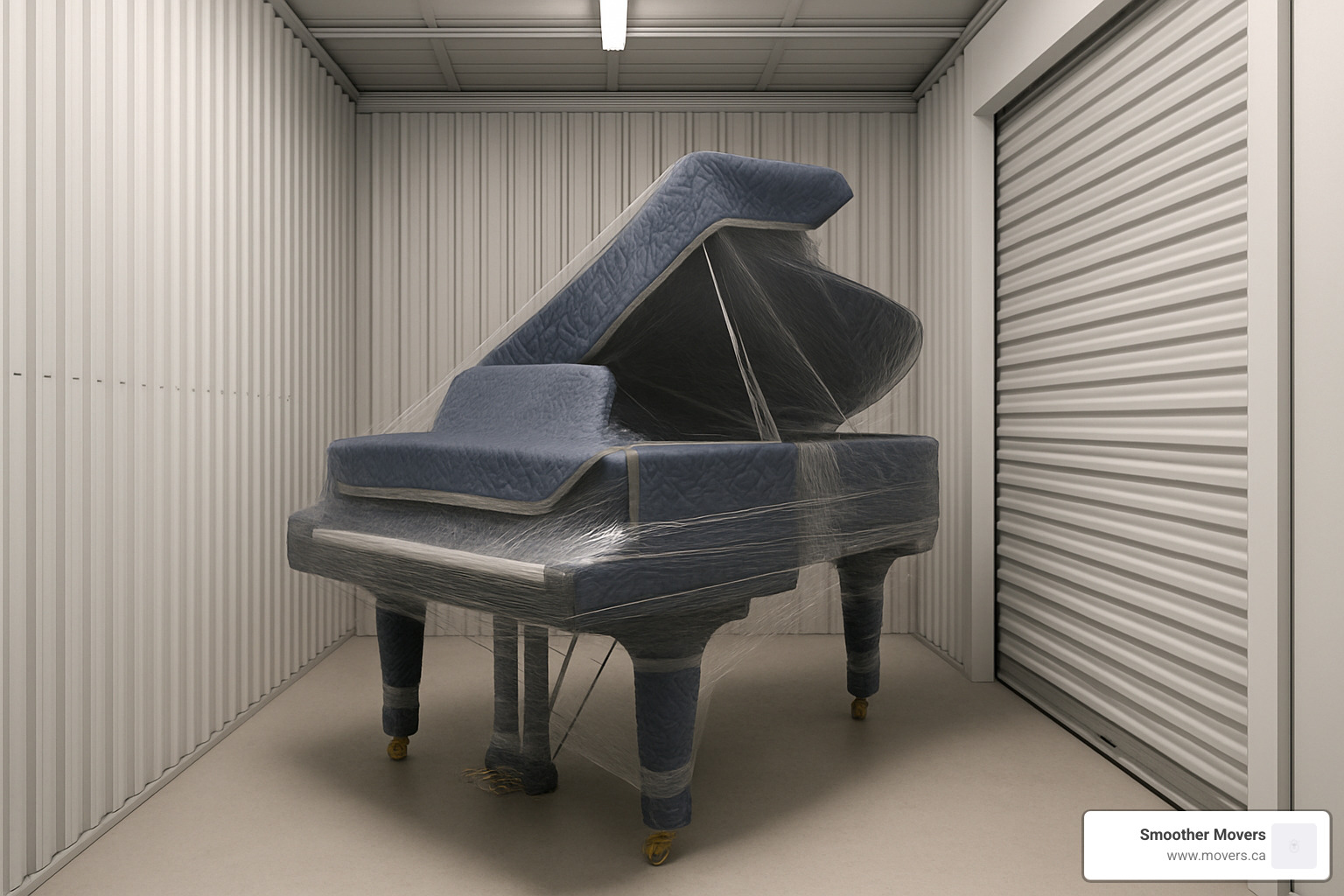 clean, climate-controlled storage unit with a carefully wrapped piano inside - professional piano movers vancouver