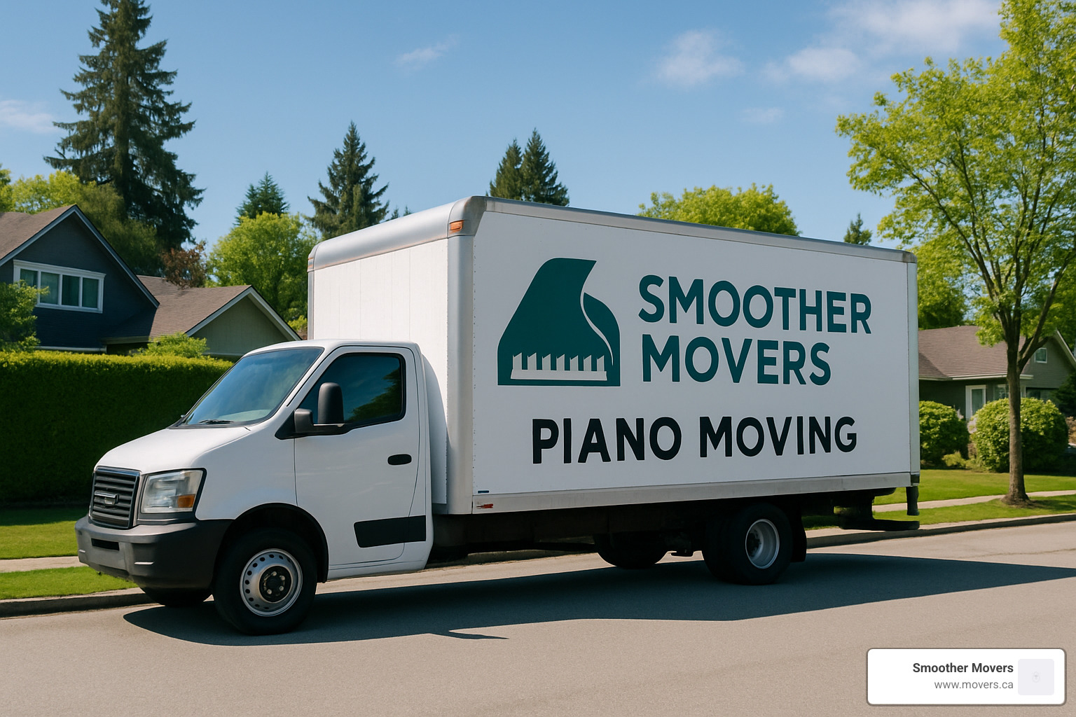 clean, branded Smoother Movers truck parked in a North Vancouver neighbourhood - professional piano movers vancouver