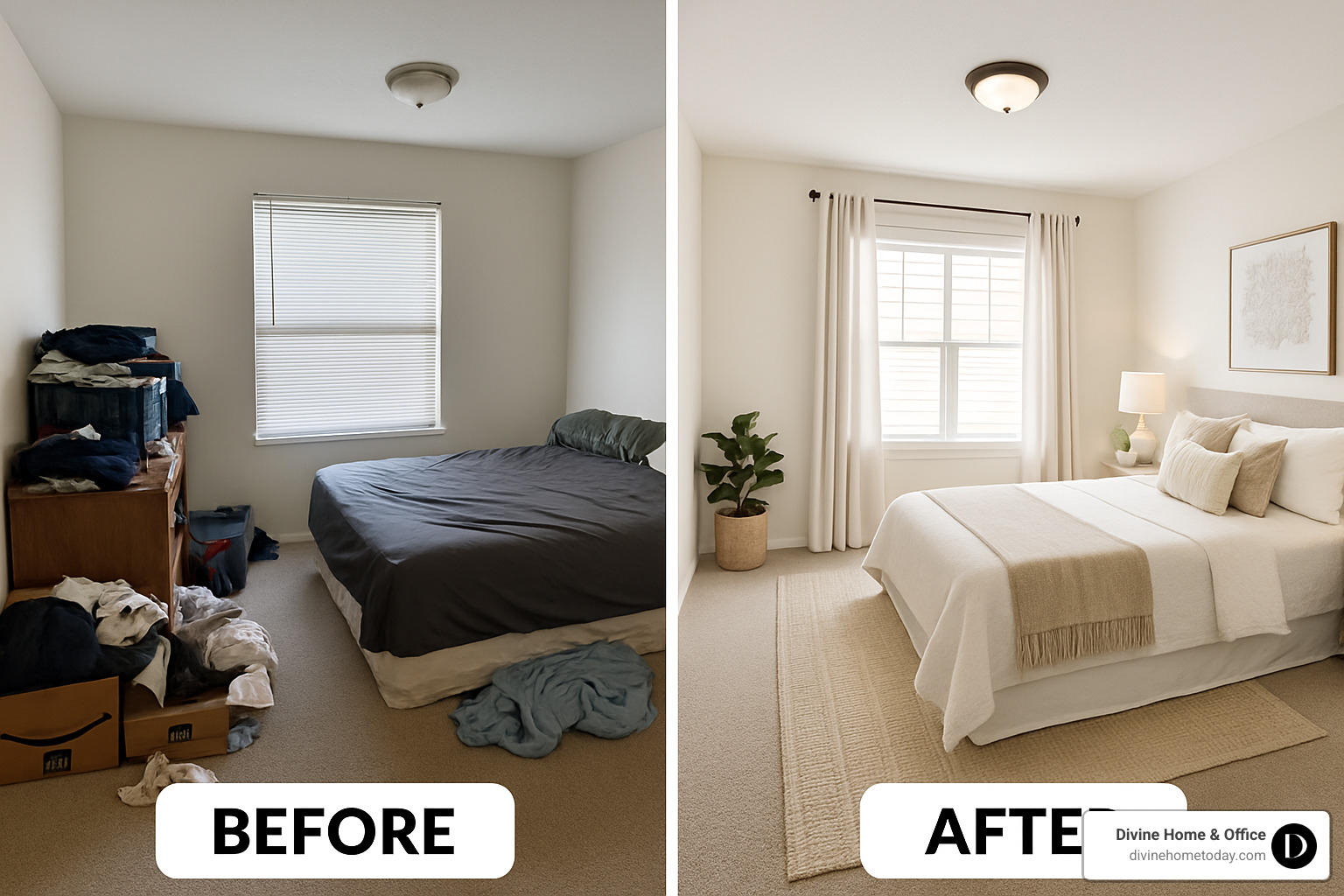 before and after collage of a staged bedroom - occupied staging consultation