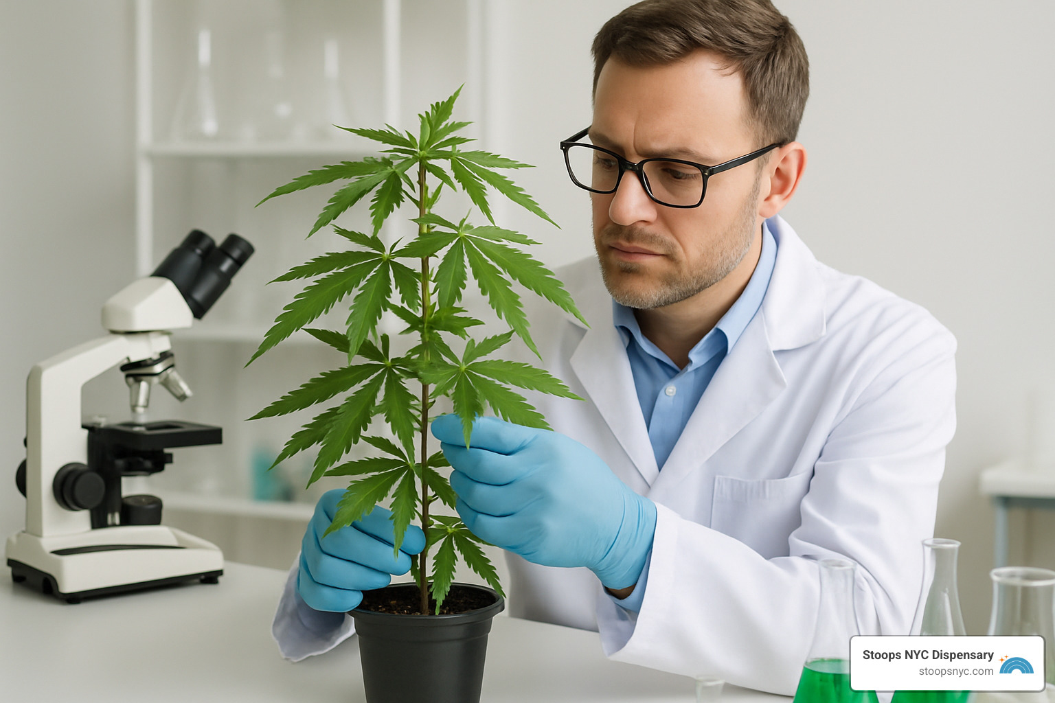 Scientist examining a cannabis plant in a laboratory setting - cannabis facts 2024