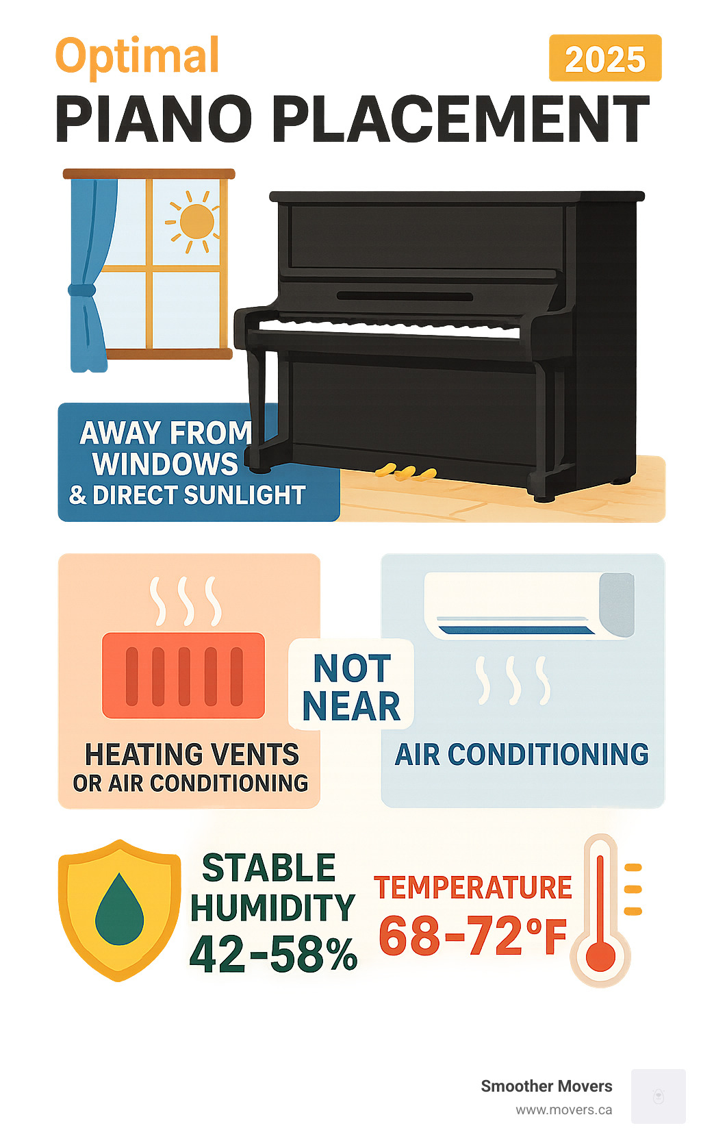 Infographic showing optimal piano placement: away from windows and direct sunlight, not near heating vents or air conditioning, stable humidity levels between 42-58%, and temperature between 68-72°F - professional piano movers vancouver infographic 