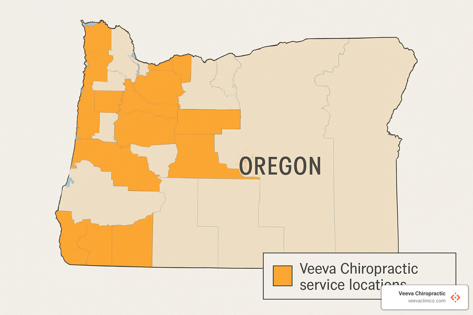 map showing Oregon with Veeva Chiropractic service areas highlighted - how much is chiropractic care without insurance
