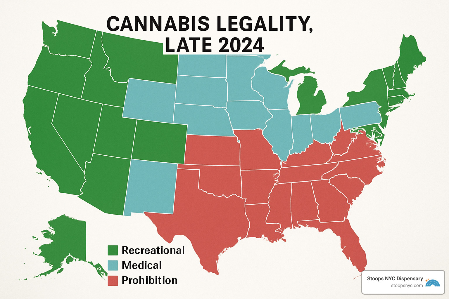 Map of the United States highlighting states with legal recreational and medical cannabis - cannabis facts 2024