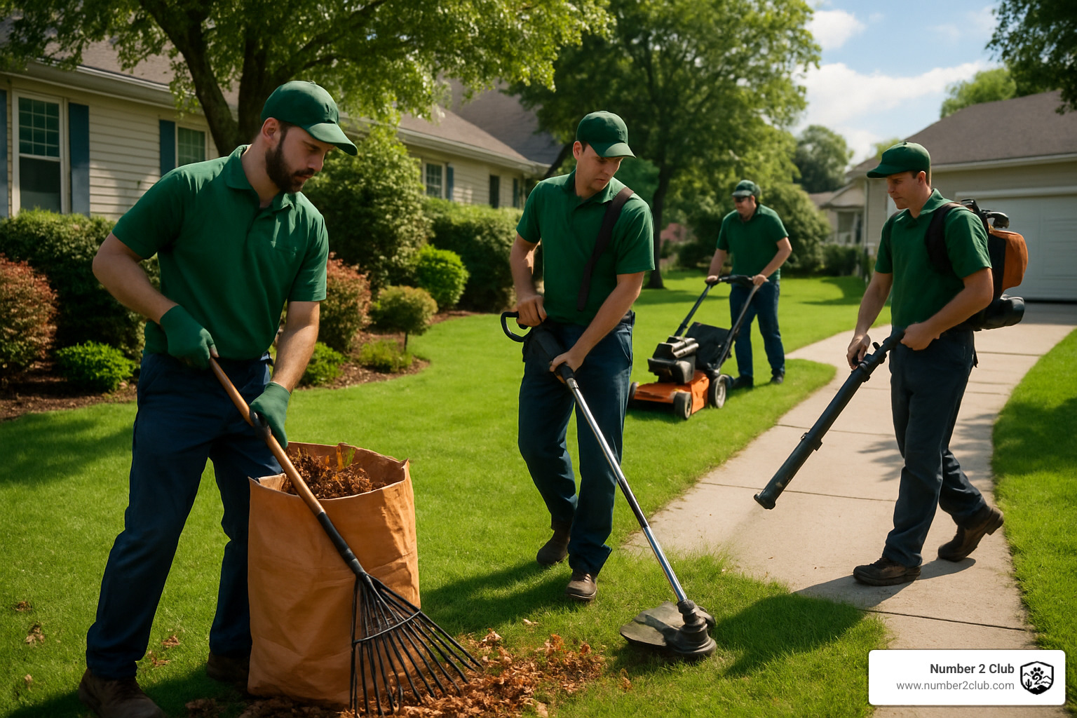 Team of uniformed landscapers with professional-grade equipment working efficiently on a yard cleanup - landscape clean up services
