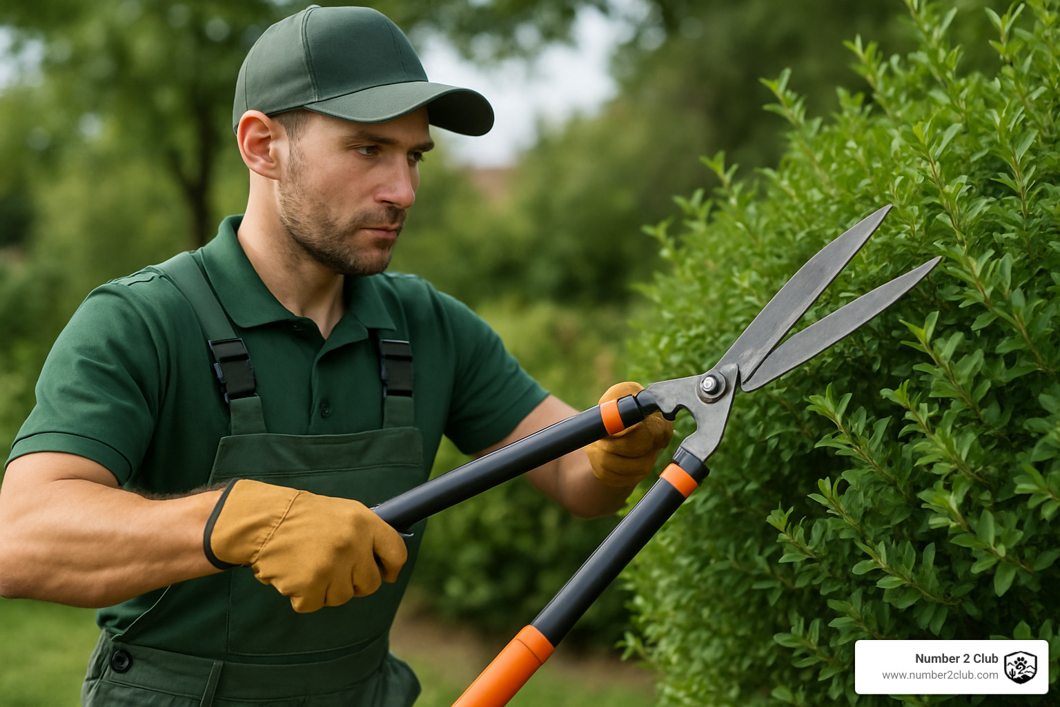 Professional landscaper pruning a shrub with proper tools and technique - landscape clean up services