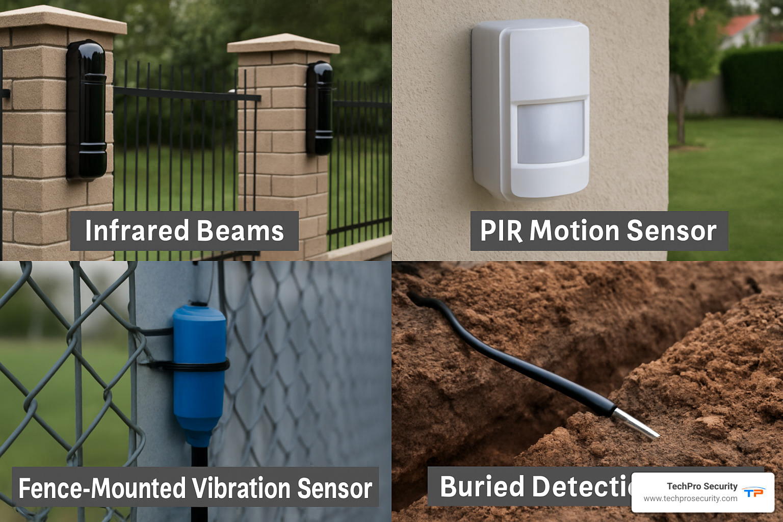 Collage showing different types of perimeter sensors including infrared beams, PIR motion sensors, fence-mounted vibration sensors, and buried detection cables - perimeter alert system