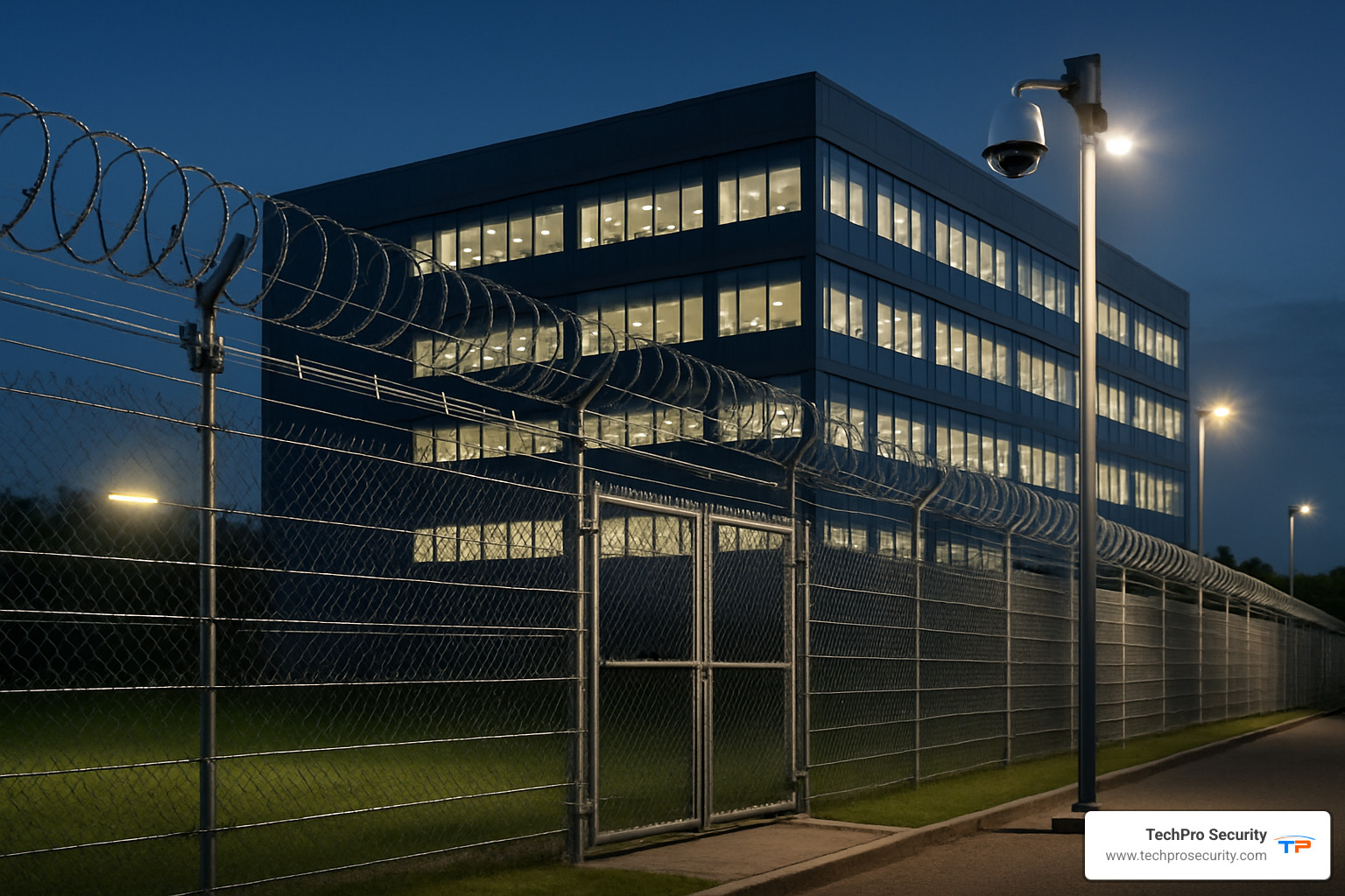 Secure commercial property showing multiple perimeter security layers including fence sensors, cameras, lighting, and clear sight lines, with a modern office building in the background - perimeter alert system
