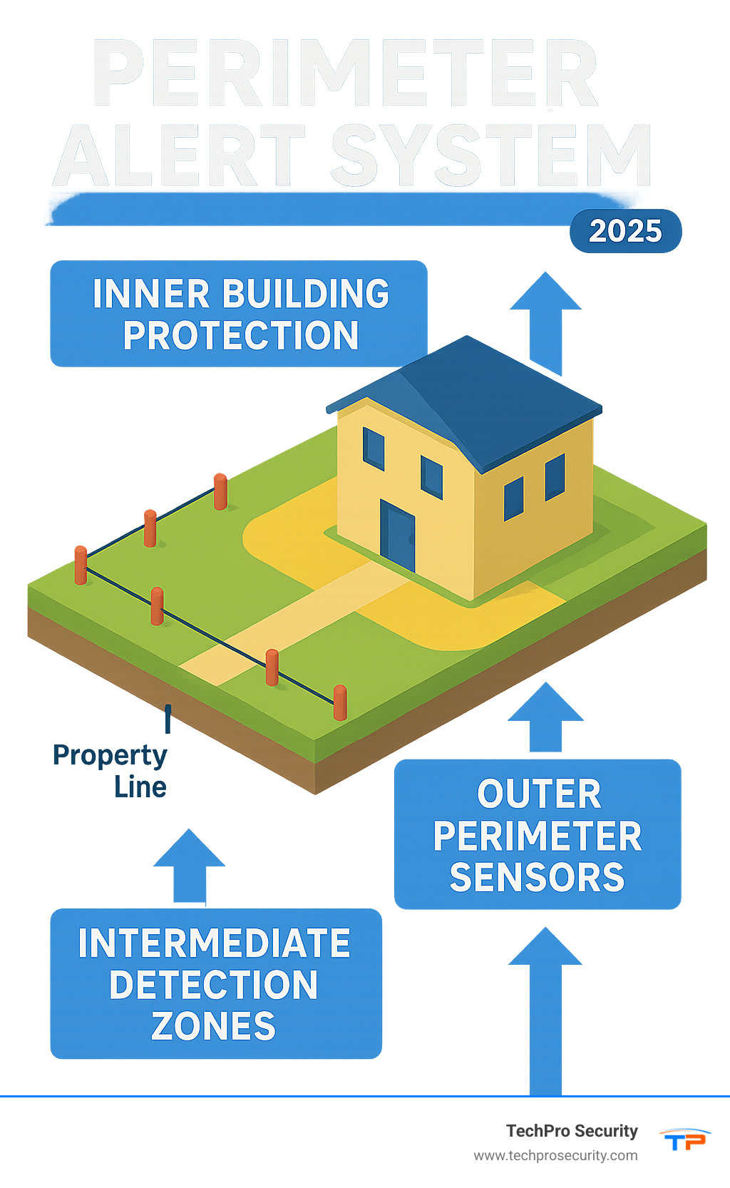 Infographic showing the layers of perimeter security from property line to building interior, including outer perimeter sensors, intermediate detection zones, and inner building protection, with arrows indicating the progression of security coverage - perimeter alert system infographic