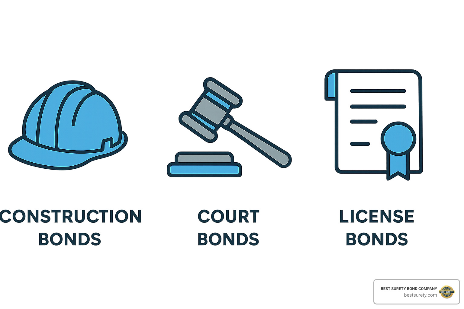 icons representing different bond categories like construction, licenses, and court bonds - bonding and surety