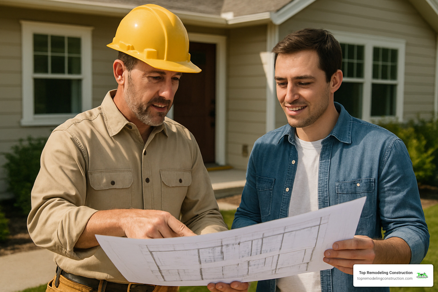 contractor and homeowner reviewing blueprints together - preferred home remodeling