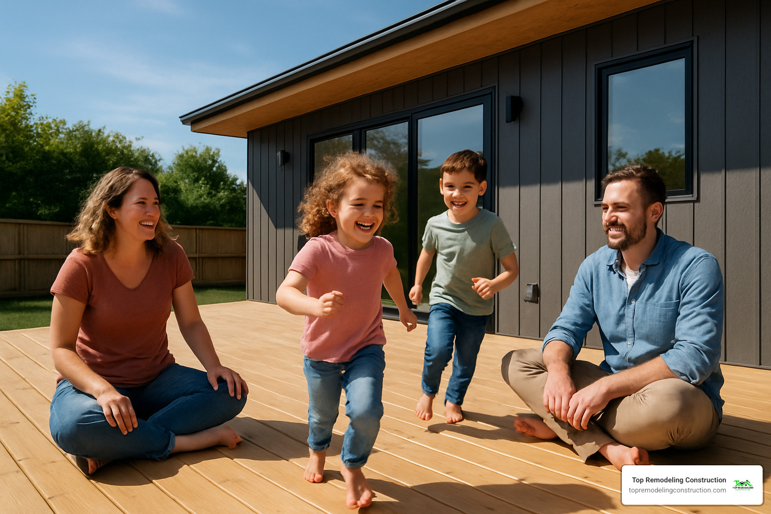 family enjoying newly built outdoor deck - preferred home remodeling