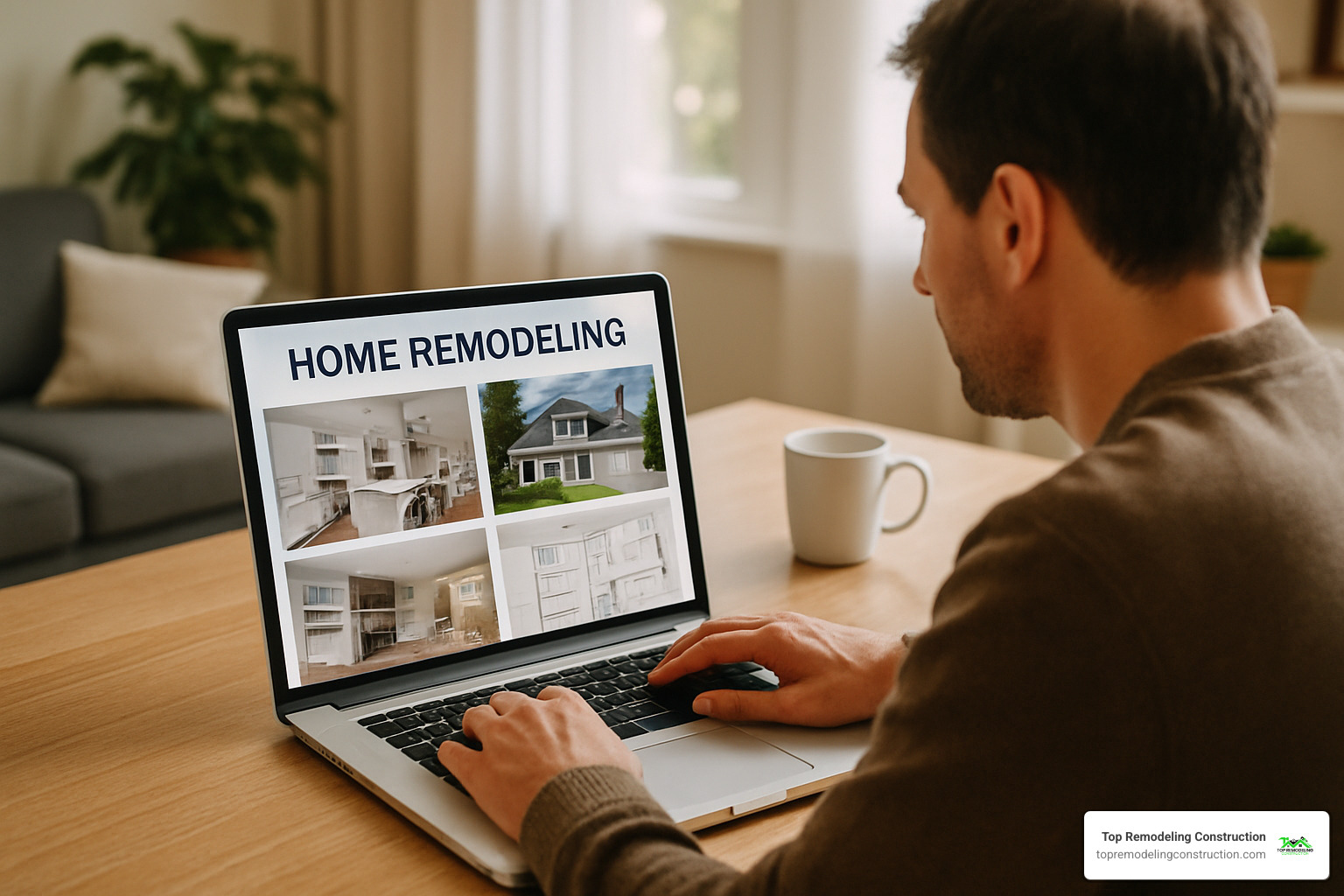 person on laptop reviewing remodeling company portfolio - preferred home remodeling