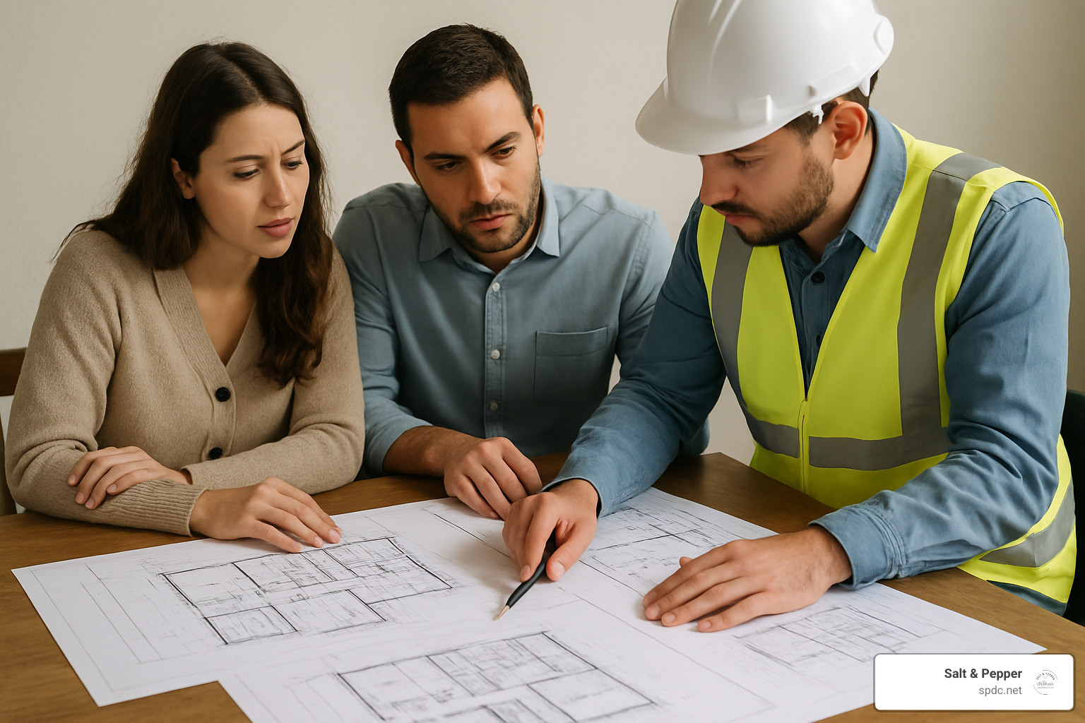 Couple reviewing architectural blueprints and floor plans with a construction professional at a table - brand new construction homes south tampa fl