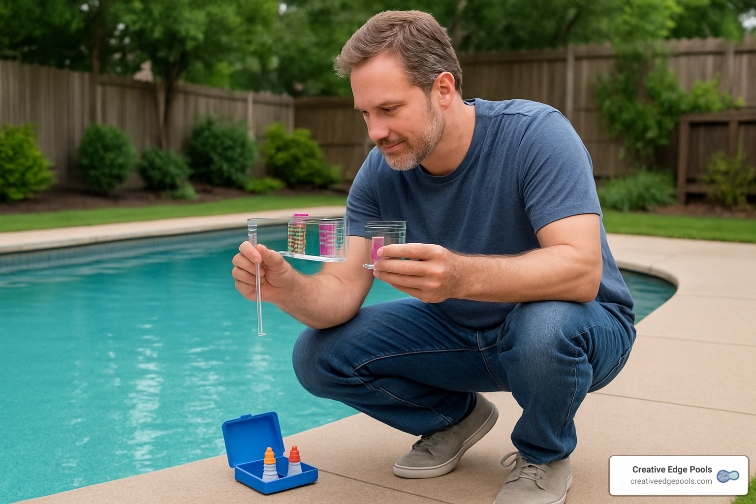 homeowner easily testing pool water chemistry - fiberglass pool cost