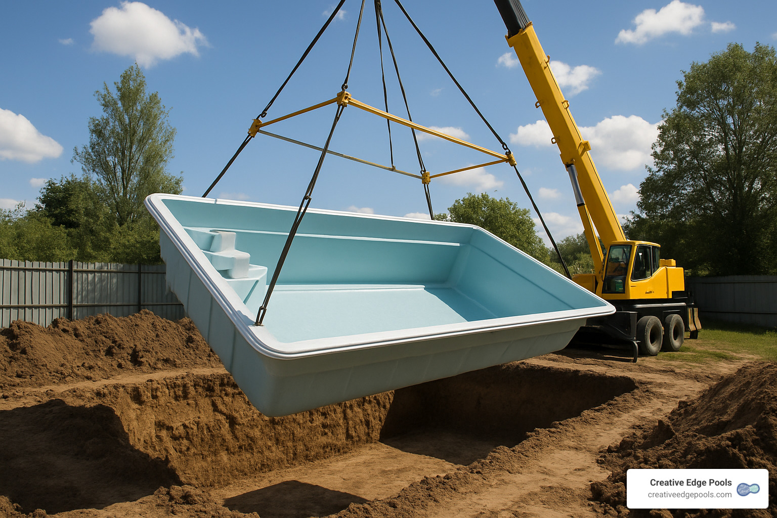 fiberglass pool shell being craned into excavated site - fiberglass pool cost