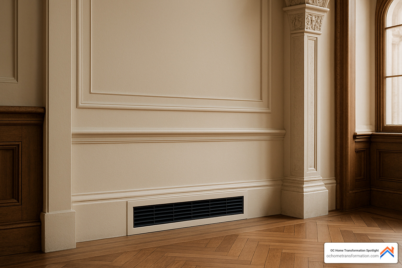 modern HVAC vent discreetly placed in historic room - home restoration