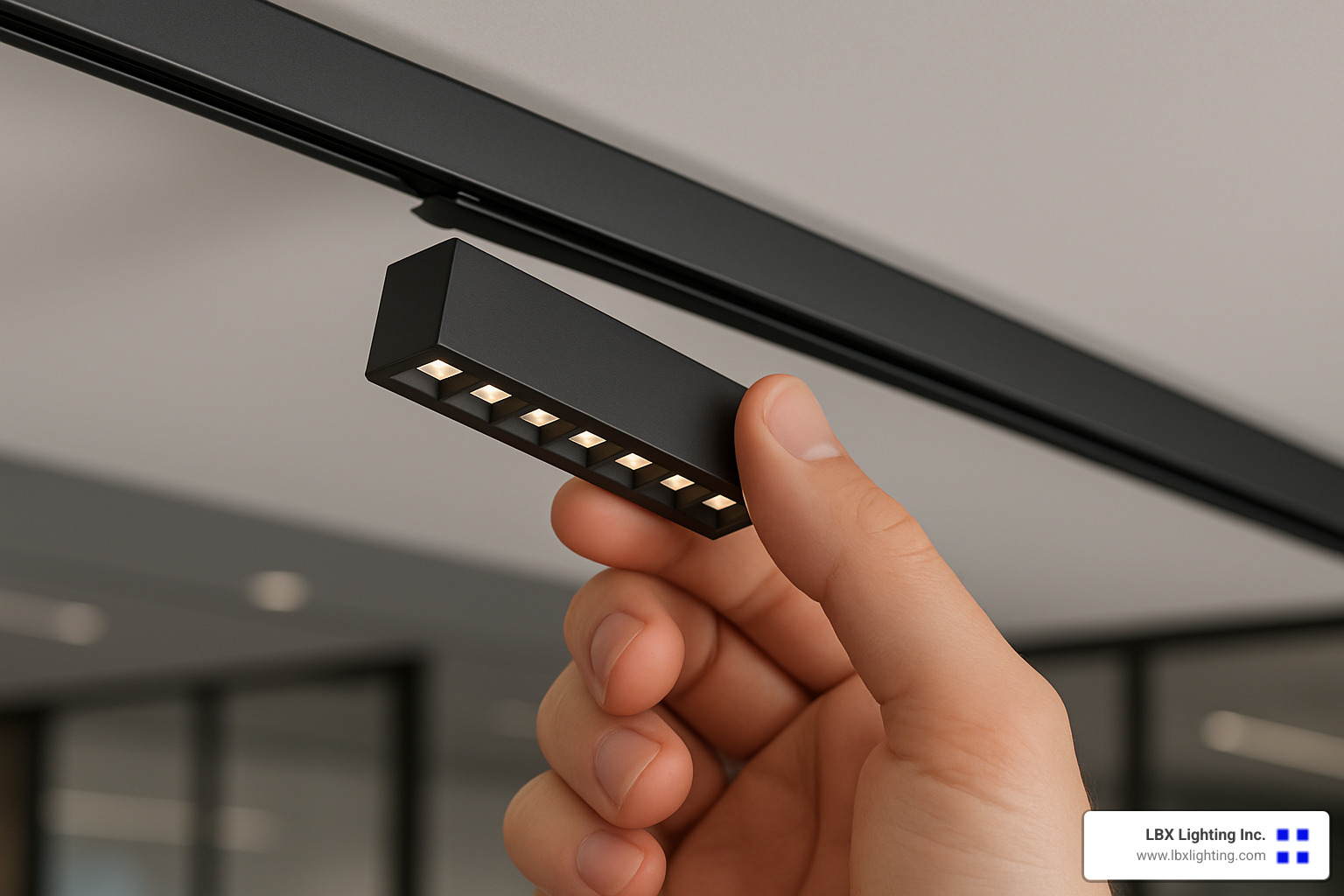 Commercial Track Lighting Solutions That Shine Brightest 10 hand easily clicking a magnetic light module into a track - commercial track lighting solutions