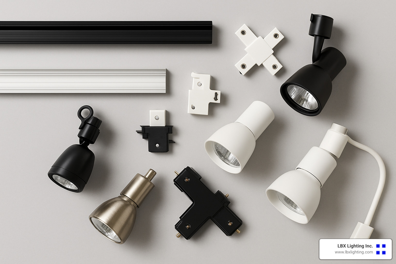 Commercial Track Lighting Solutions That Shine Brightest 8 various track lighting components laid out including tracks, heads, connectors, and power feeds - commercial track lighting solutions