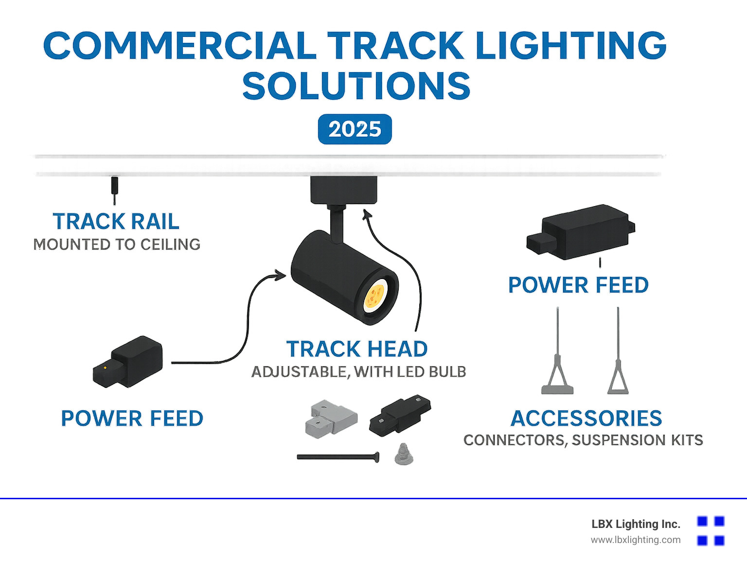 Commercial Track Lighting Solutions That Shine Brightest 7 Infographic showing the basic components of a commercial track lighting system including the track rail mounted to ceiling, adjustable track heads with LED bulbs, power feed connector, and various accessories like connectors and suspension kits - commercial track lighting solutions infographic