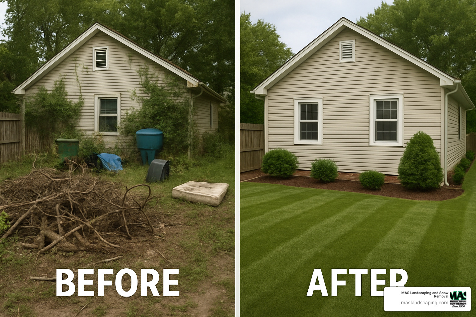 before and after collage of a cleaned-up property - property cleanup services