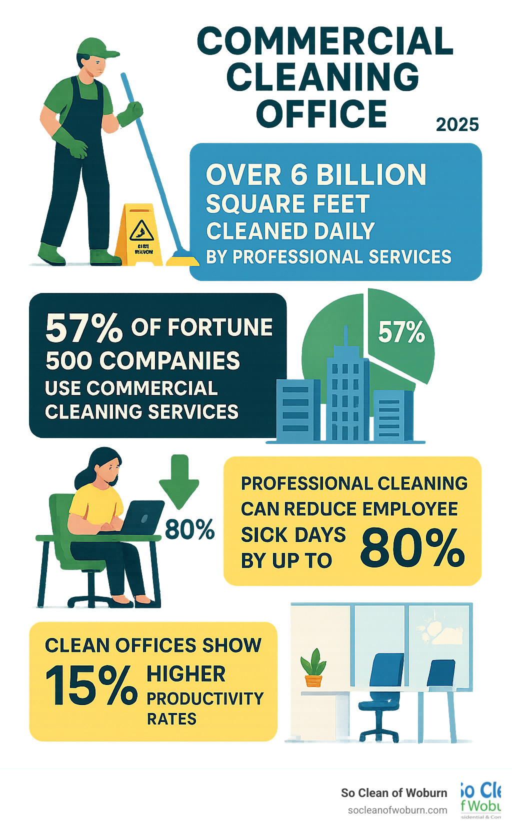 Infographic showing professional cleaning statistics: Over 6 billion square feet cleaned daily by professional services, 57% of Fortune 500 companies use commercial cleaning services, Professional cleaning can reduce employee sick days by up to 80%, Clean offices show 15% higher productivity rates - commercial cleaning office infographic 