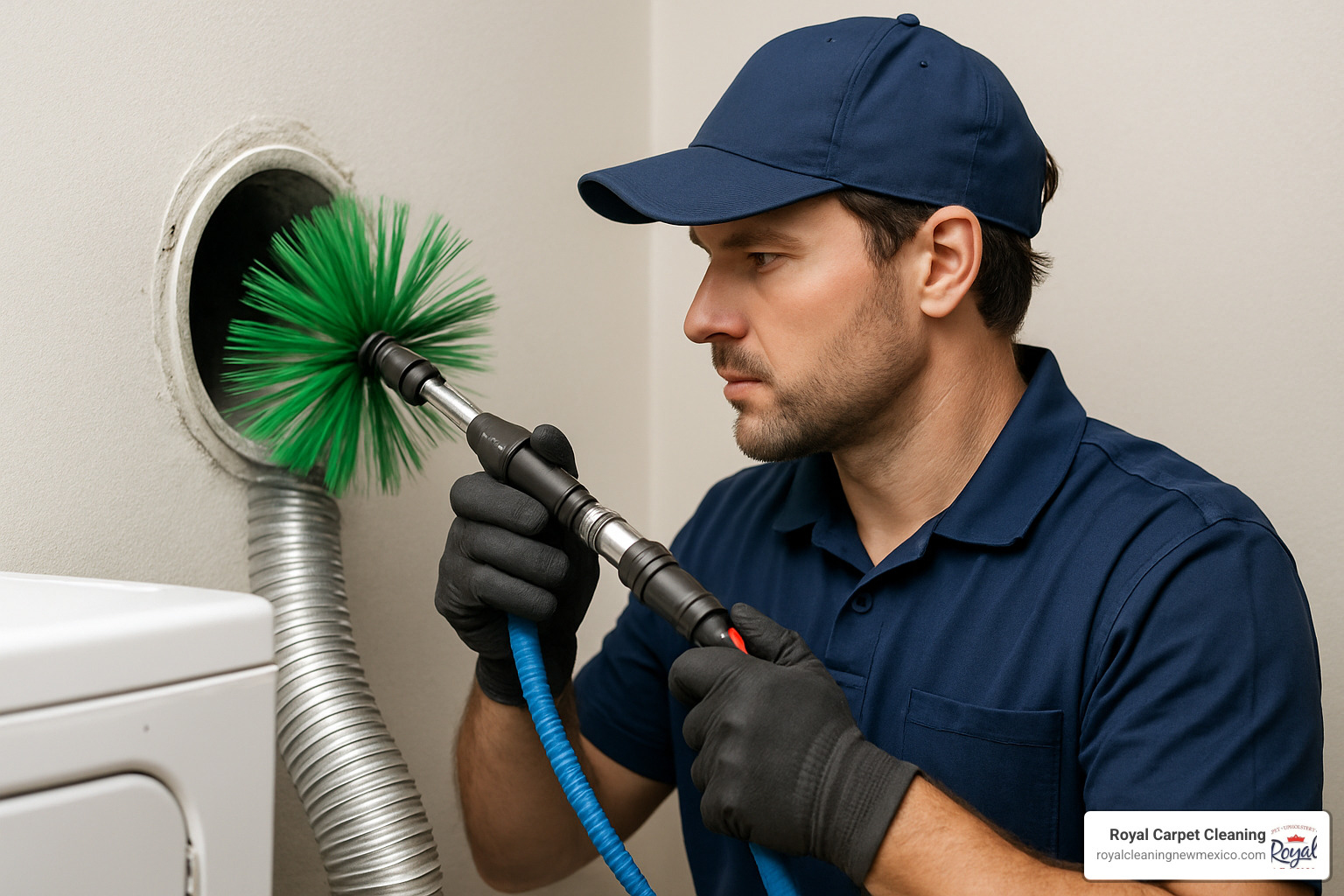 Professional technician using specialized rotary brush equipment to clean inside a dryer vent - dryer vent cleaning albuquerque nm