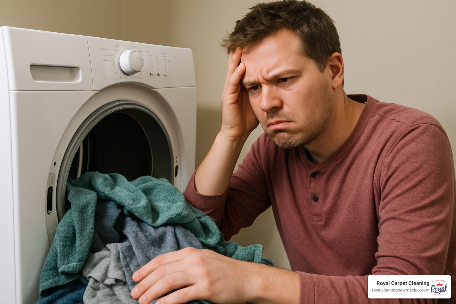 Homeowner looking confused while examining their dryer with clothes still damp after a cycle - dryer vent cleaning albuquerque nm