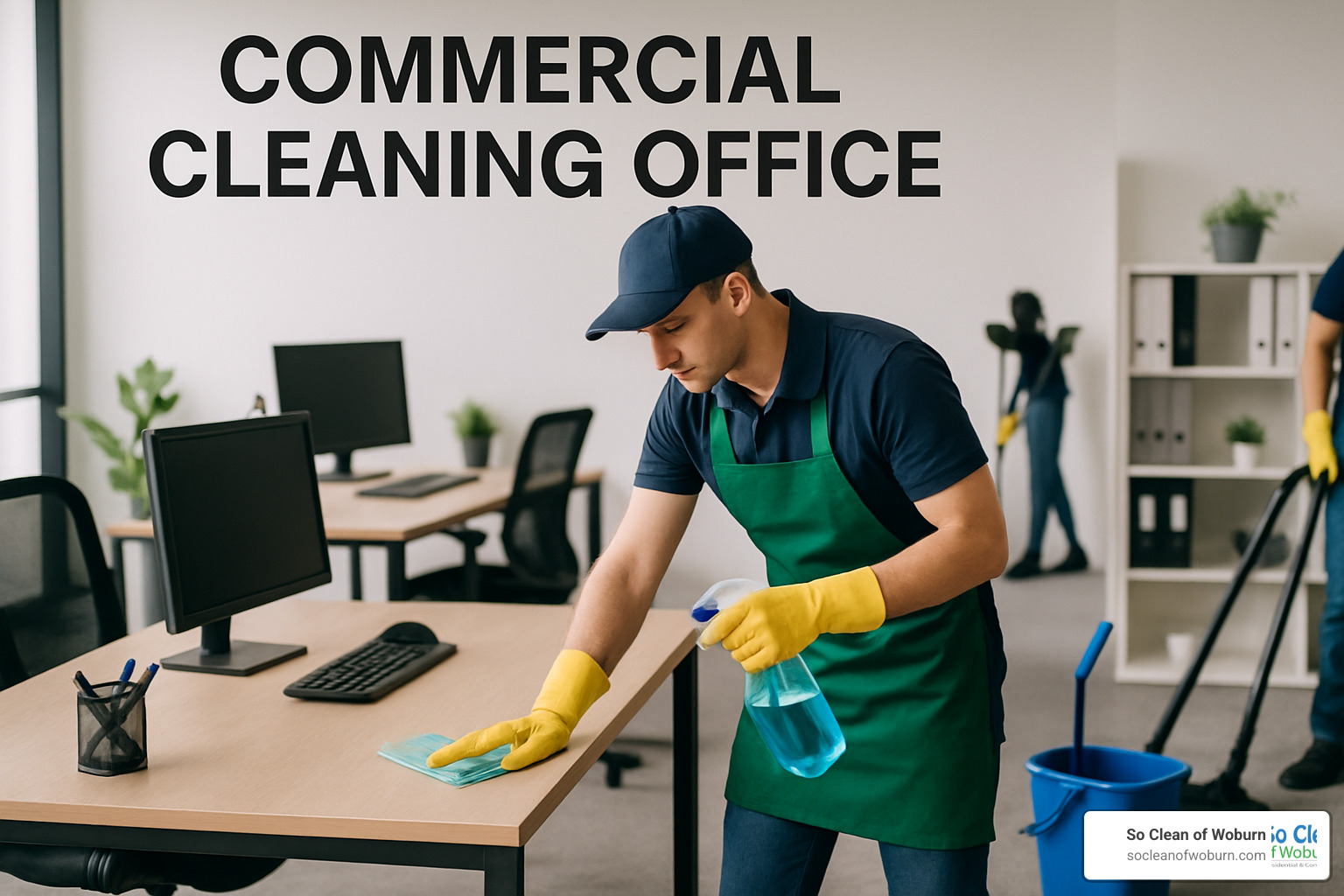 cleaner using a HEPA filter backpack vacuum in an office - commercial cleaning office
